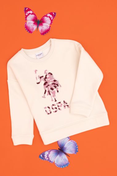 سویشرت یقه گردکرم رنگ یقه گرد سفید  Oversize آستین بلند دخترانه یو اس پولو | US POLO ASSN