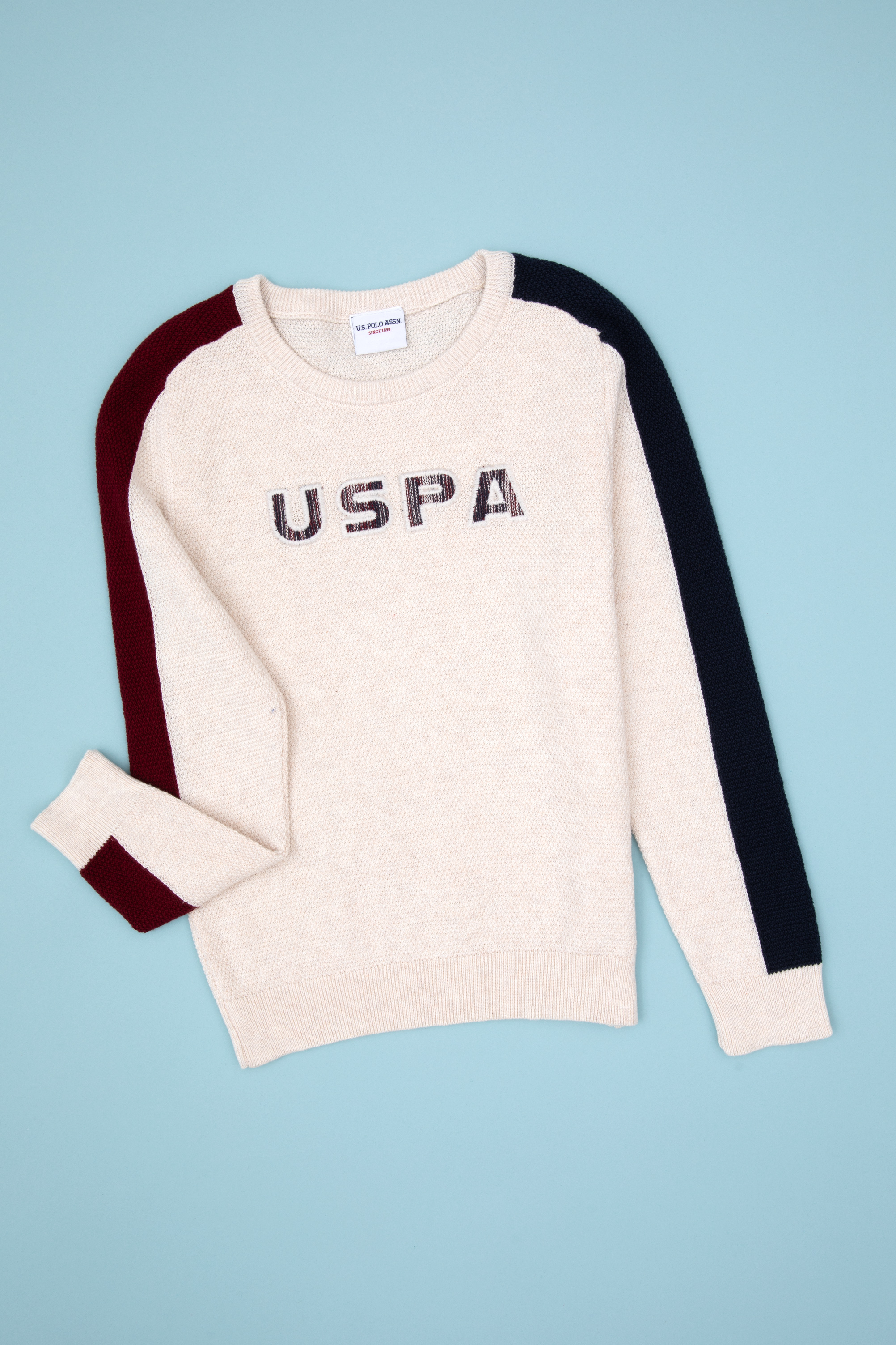 پلیور یقه گردکرم سفید ملانژ رگولار پسرانه یو اس پولو | US POLO ASSN