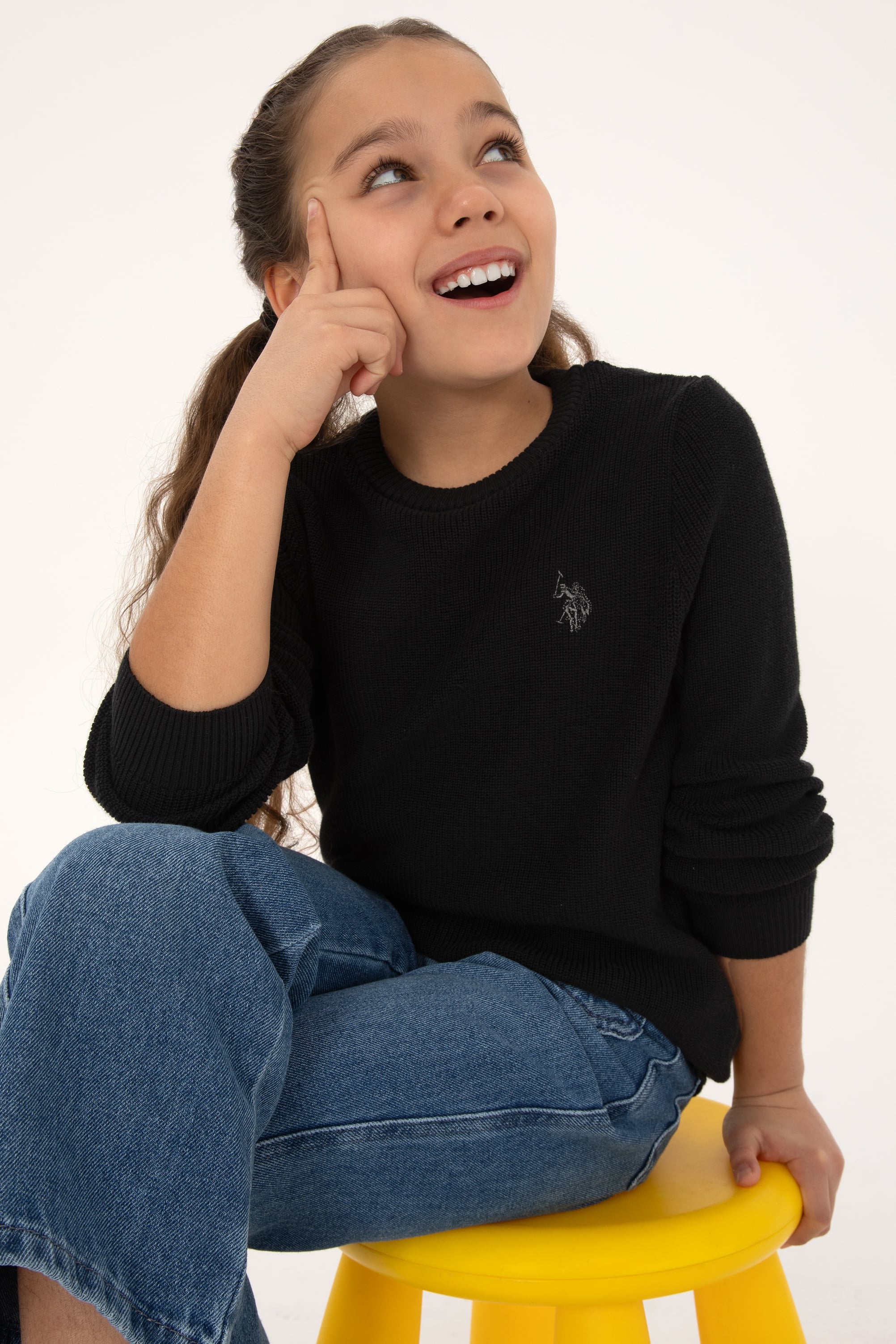 ژاکت بافتنی یقه گردمشکی سیاه اندامی دخترانه یو اس پولو | US POLO ASSN