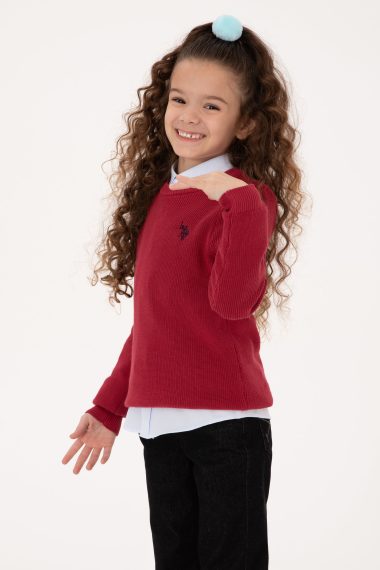 ژاکت بافتنی یقه گرد تمشکی  تمشکی  اندامی  دخترانه یو اس پولو | US POLO ASSN