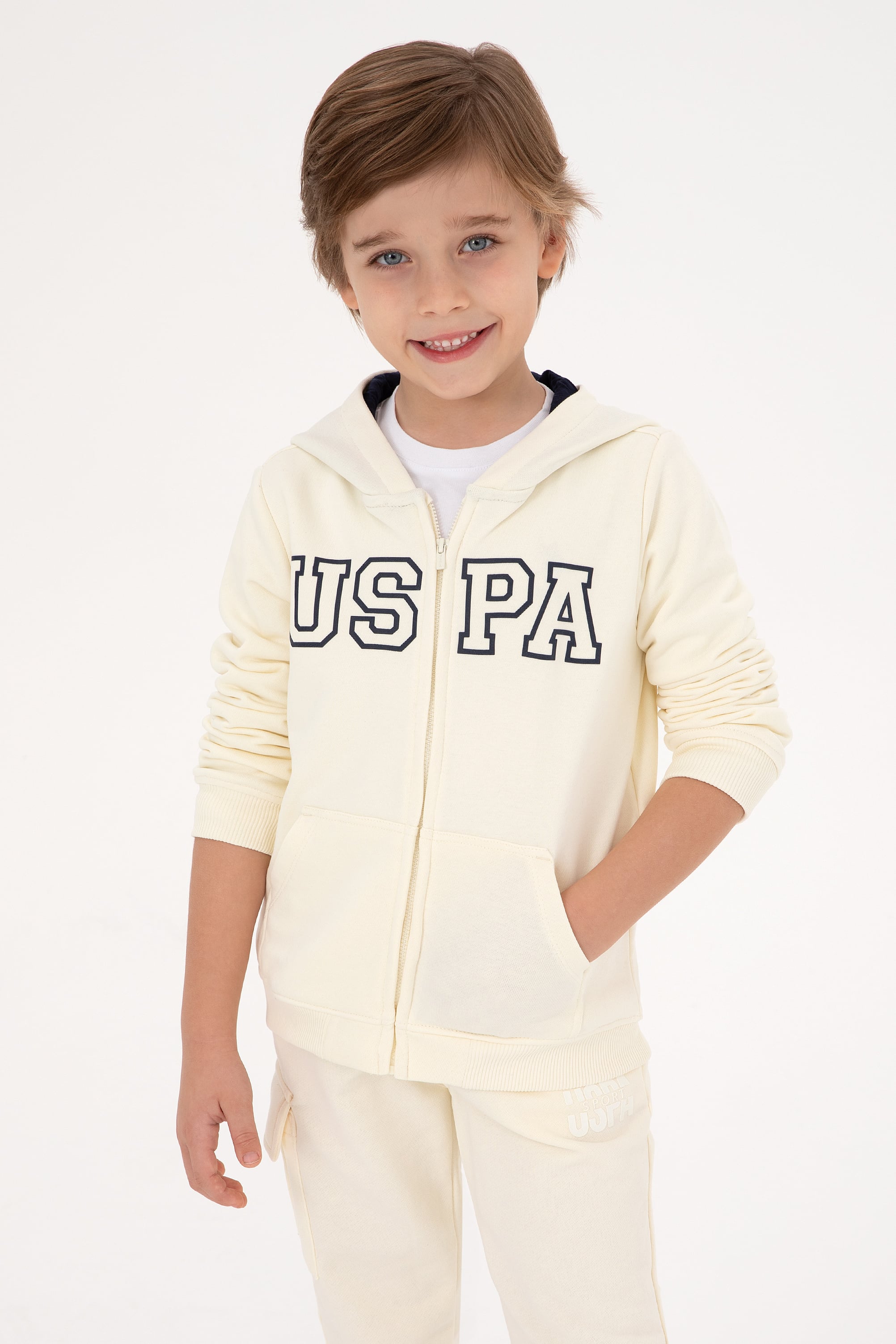 ژاکت بافتنی کرم رنگ کرمی رگولار پسرانه یو اس پولو | US POLO ASSN