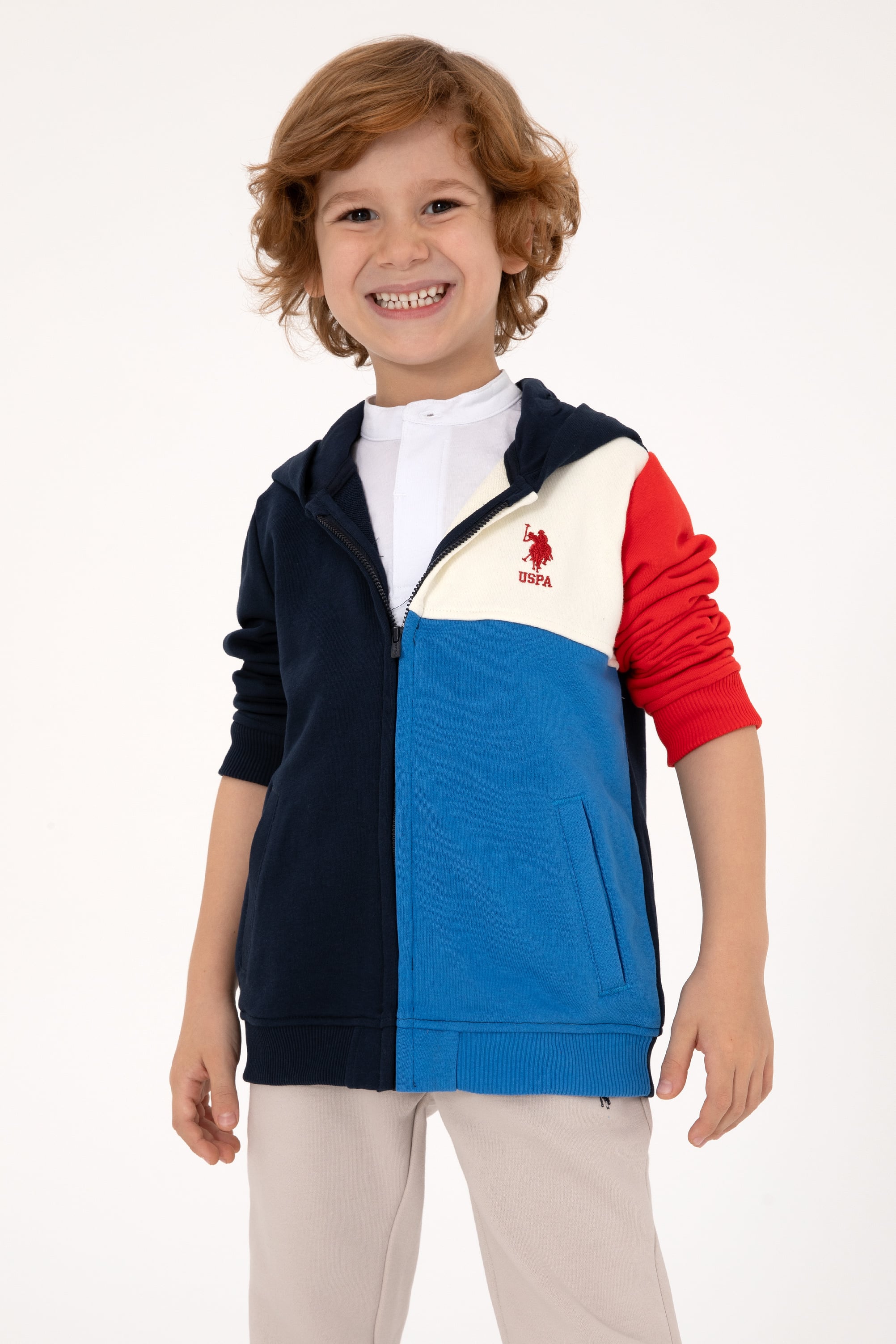 سویشرت کلاه دار زیپ دار سرمه ای لاجورد رگولار پسرانه یو اس پولو | US POLO ASSN