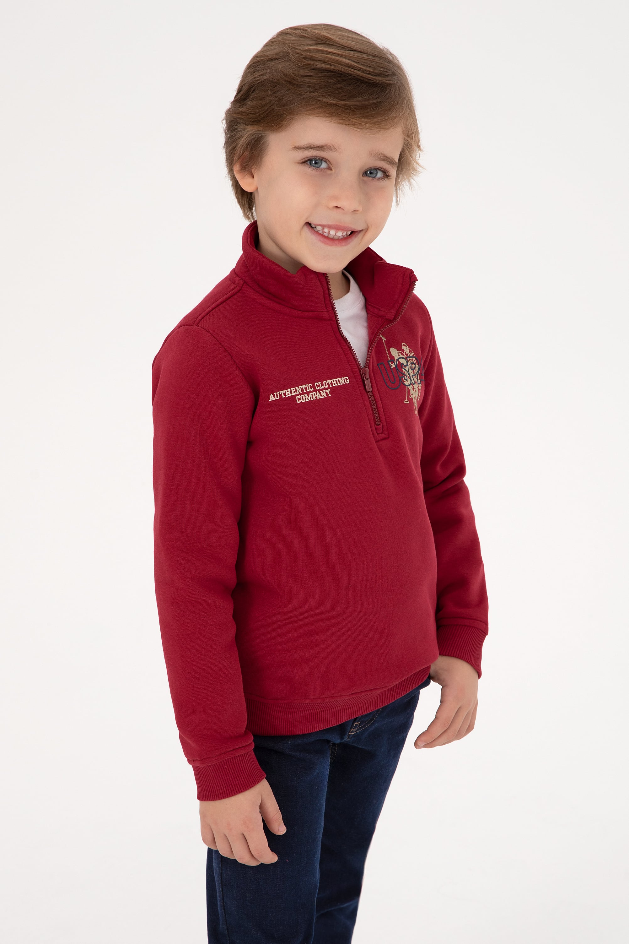 سویشرت نیم زیپ برس خورده تمشکی تمشکی رگولار پسرانه یو اس پولو | US POLO ASSN