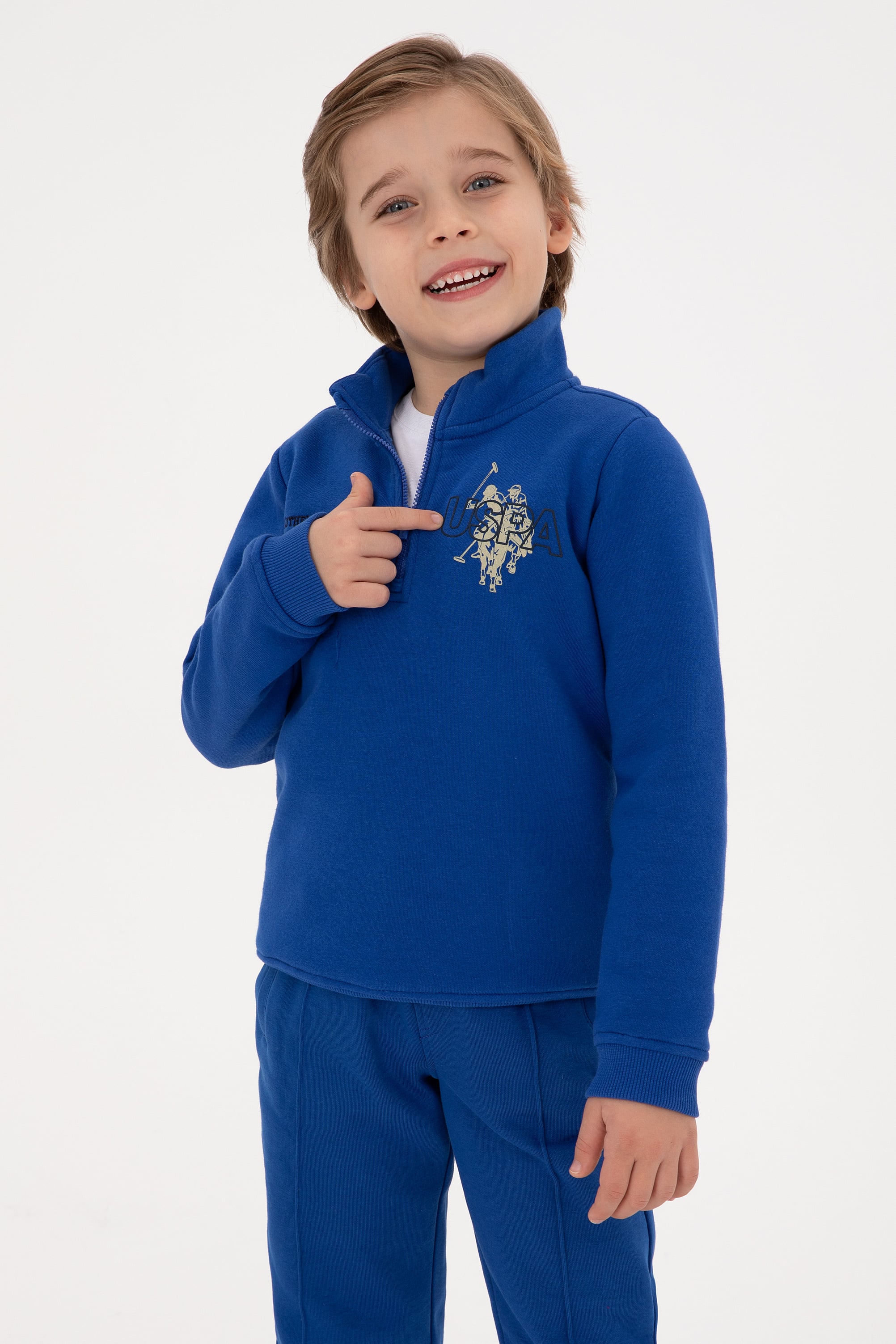 سویشرت نیم زیپ آبی برسدار آبی رگولار پسرانه یو اس پولو | US POLO ASSN