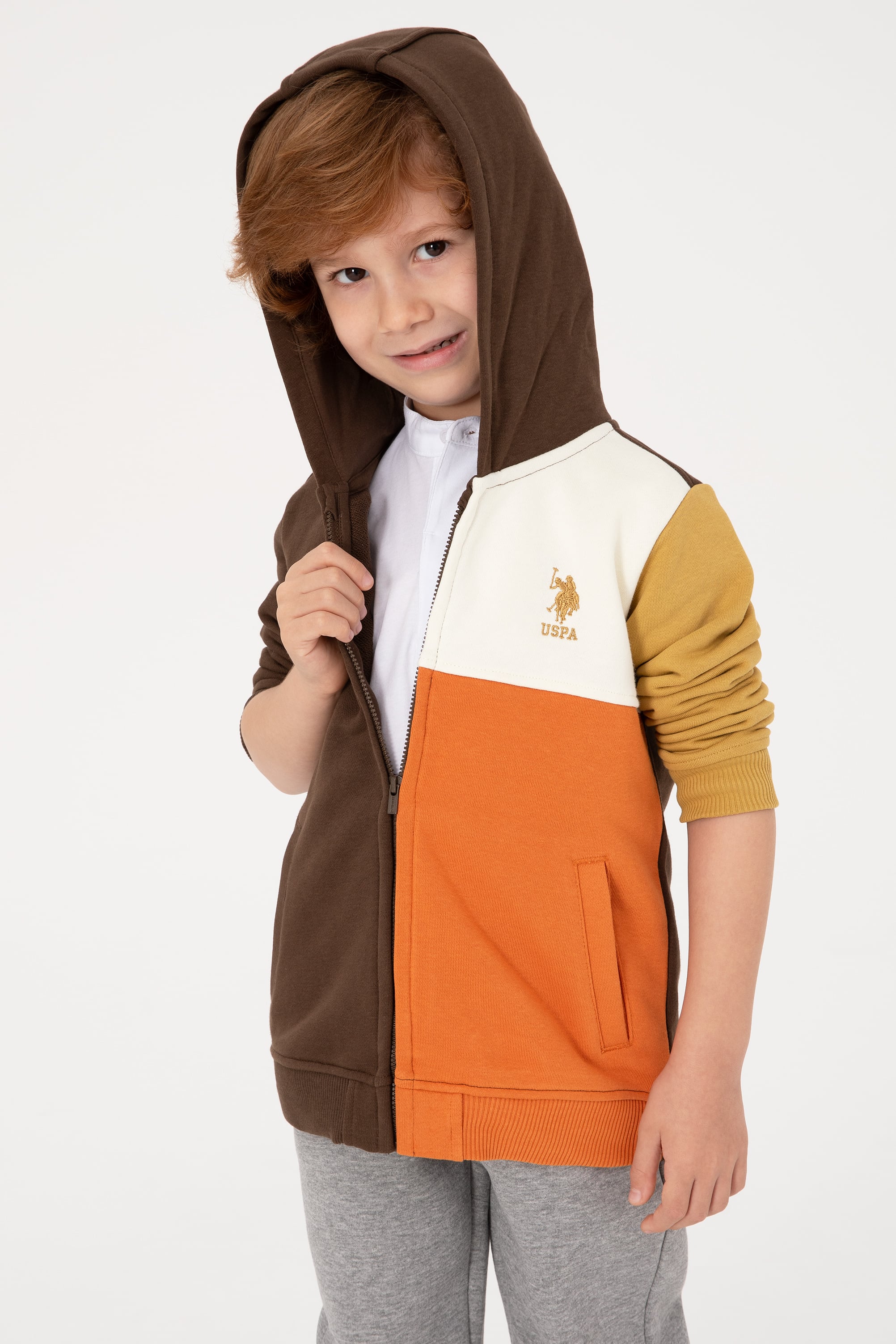 سویشرت کلاهدار قهوهای زیپدار قهوه ای رگولار پسرانه یو اس پولو | US POLO ASSN