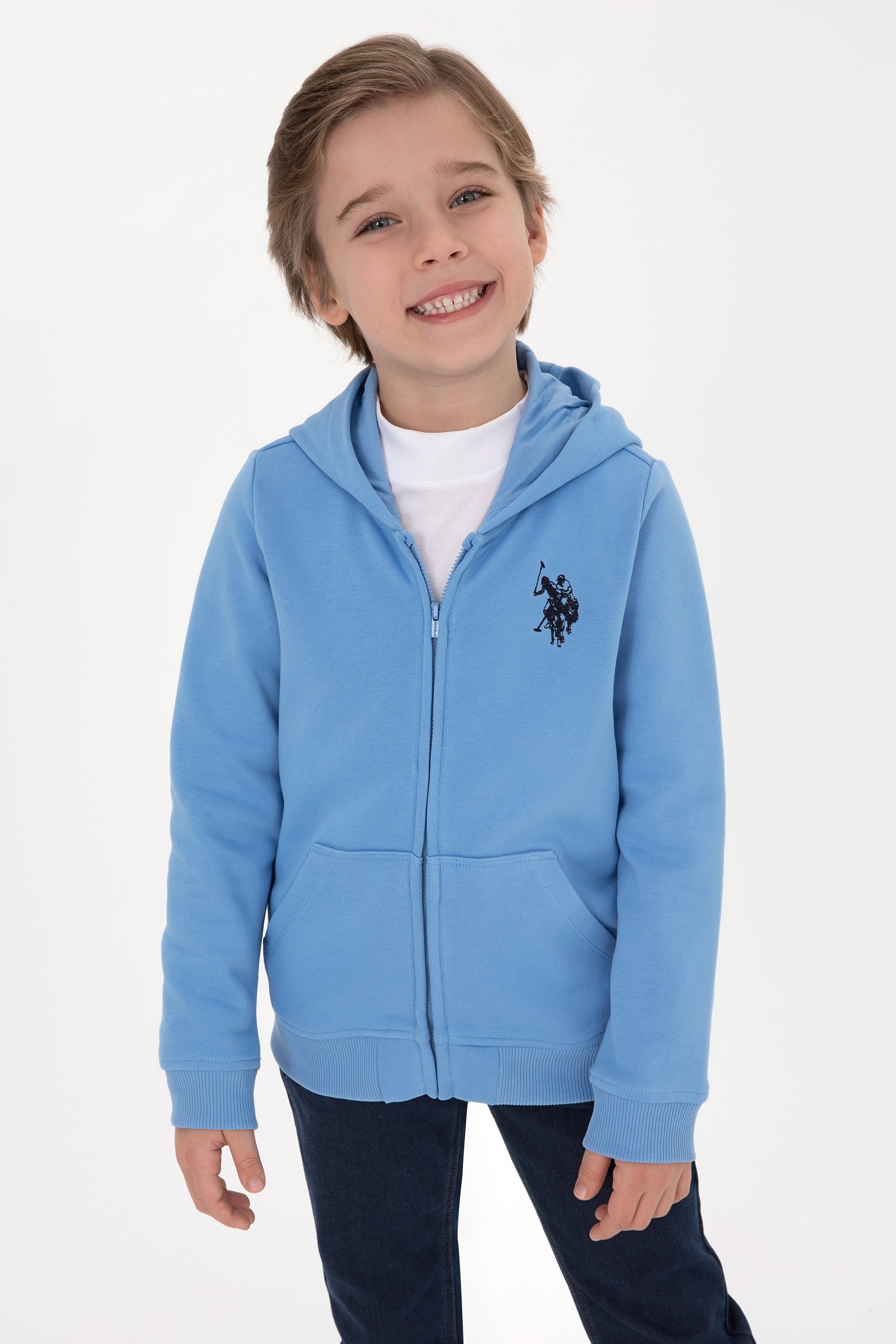 سویشرت کلاهدار زیپدار آبی روشن سورمه ای روشن رگولار پسرانه یو اس پولو | US POLO ASSN