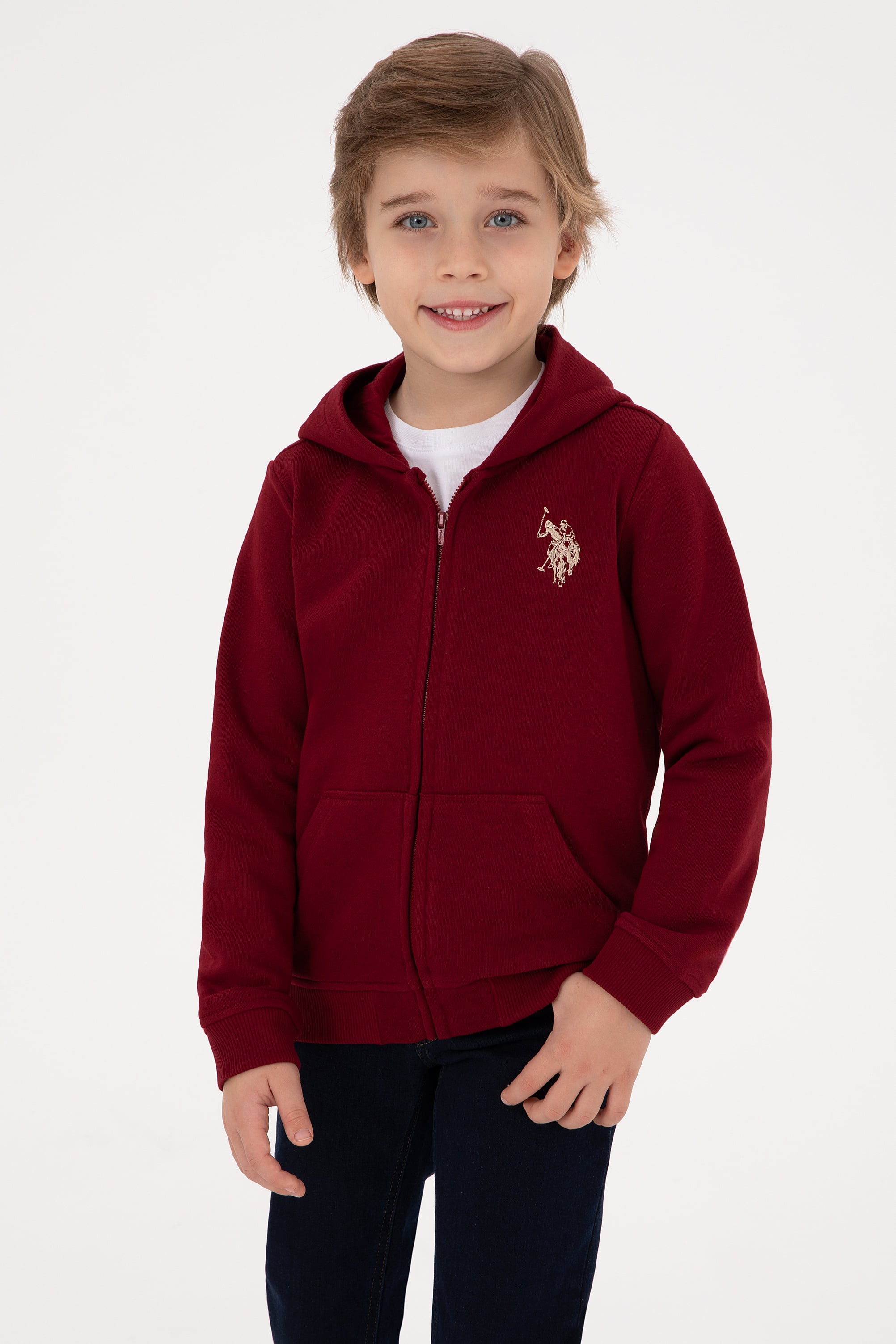 سویشرت کلاهدار زرشکیزیپدار بورگاندی رگولار پسرانه یو اس پولو | US POLO ASSN