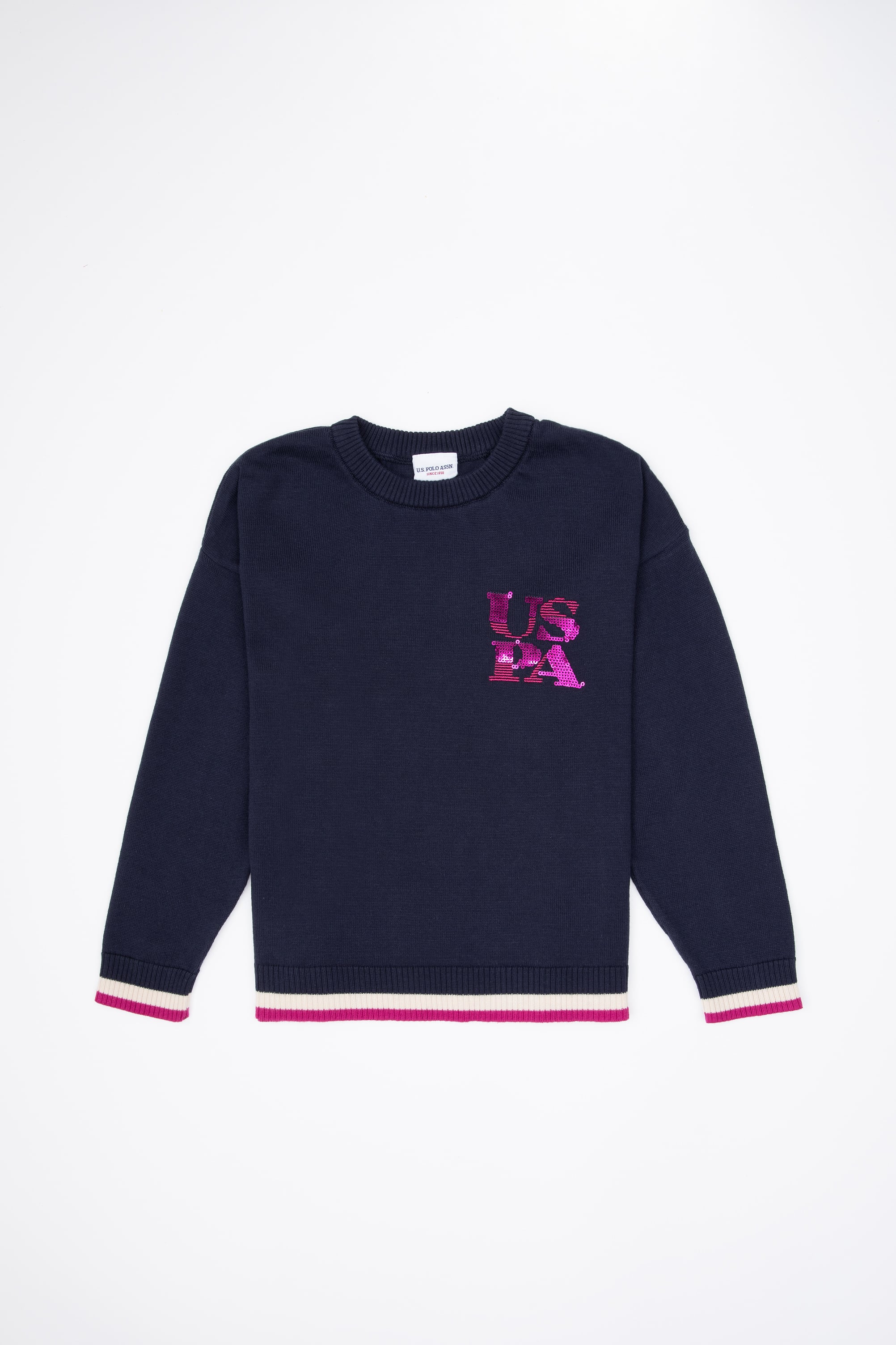 ژاکت بافتنی یقه گرد لاجورد رگولار دخترانه یو اس پولو | US POLO ASSN