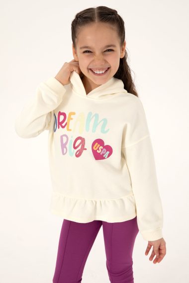 سویشرت کلاه‌دارکرم رنگ  کرمی  ریلکس  دخترانه یو اس پولو | US POLO ASSN