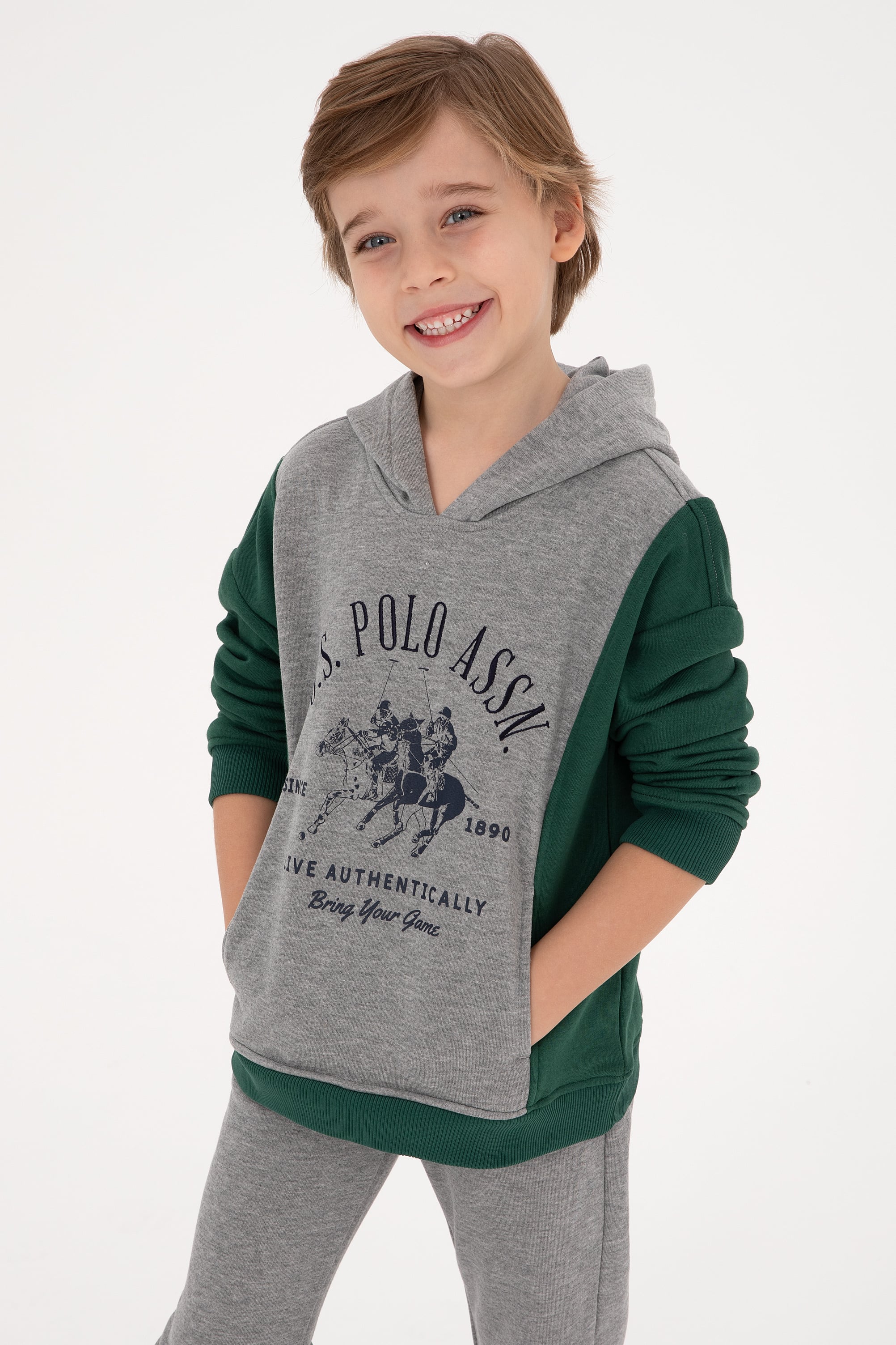 سویشرت کلاهدار خاکستری ملانژ ریلکس پسرانه یو اس پولو | US POLO ASSN