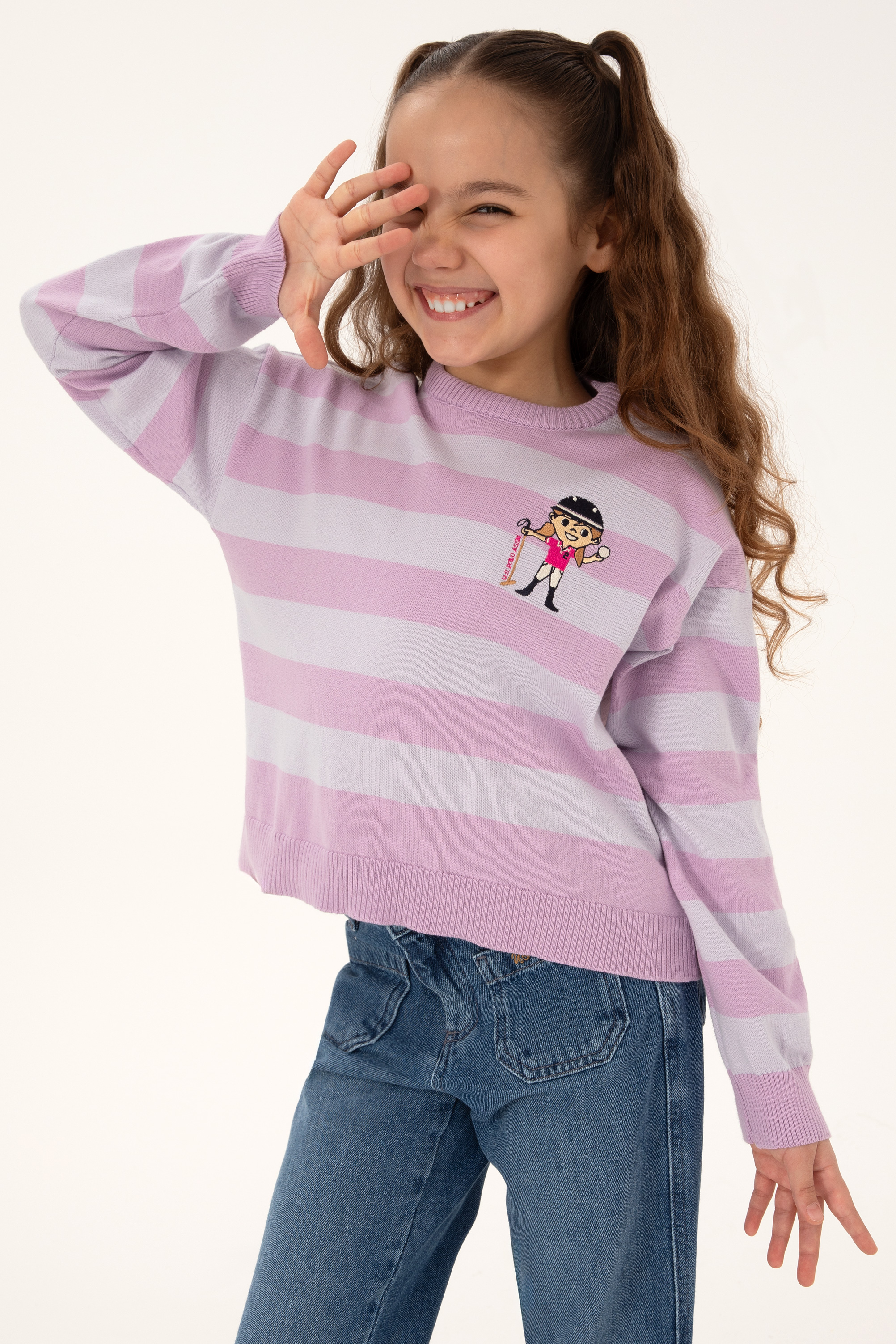 ژاکت یقه گرد راه راه یاسی یاسی Oversize دخترانه یو اس پولو | US POLO ASSN