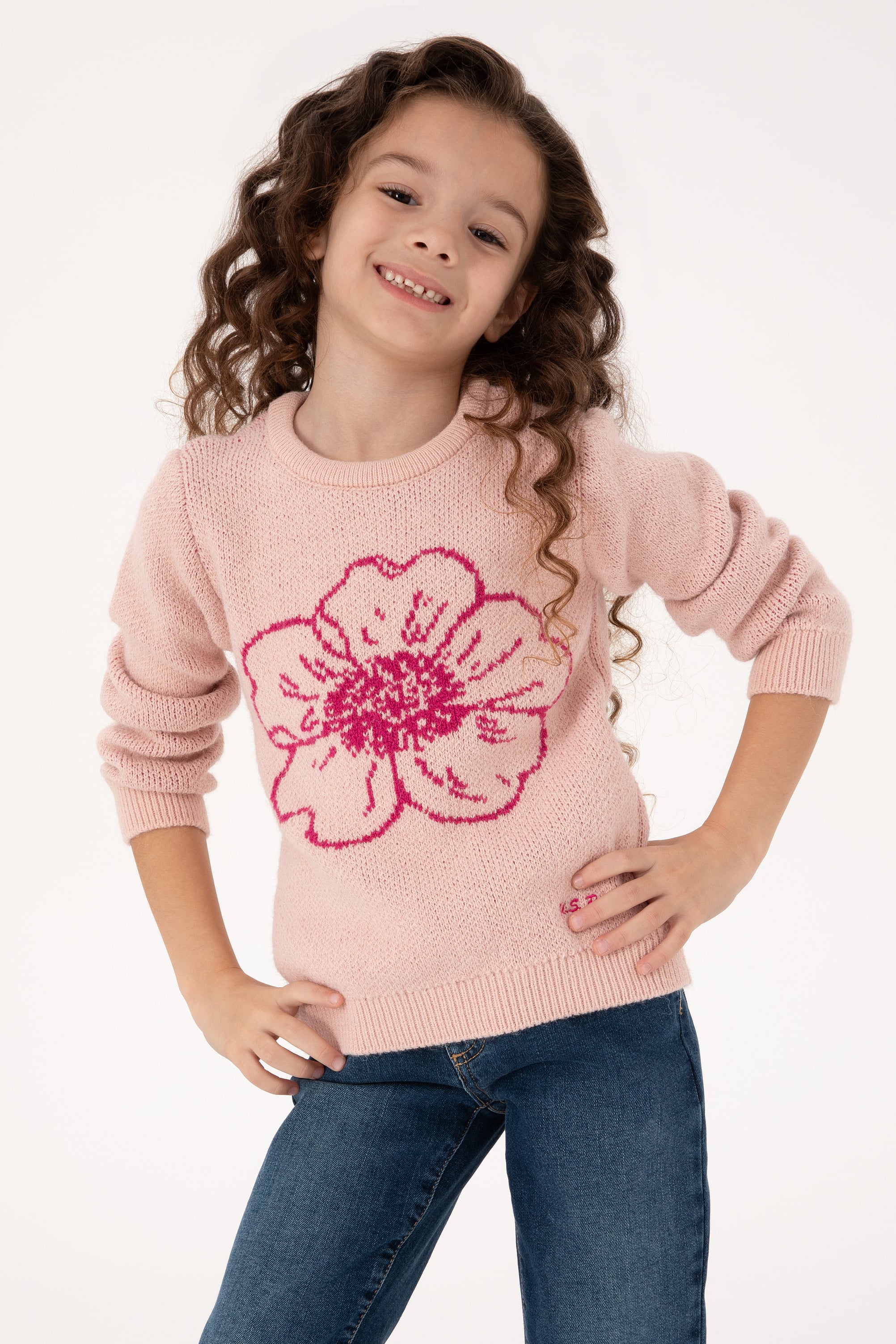 ژاکت بافتنی یقه گرد روشن صورتی روشن رگولار دخترانه یو اس پولو | US POLO ASSN
