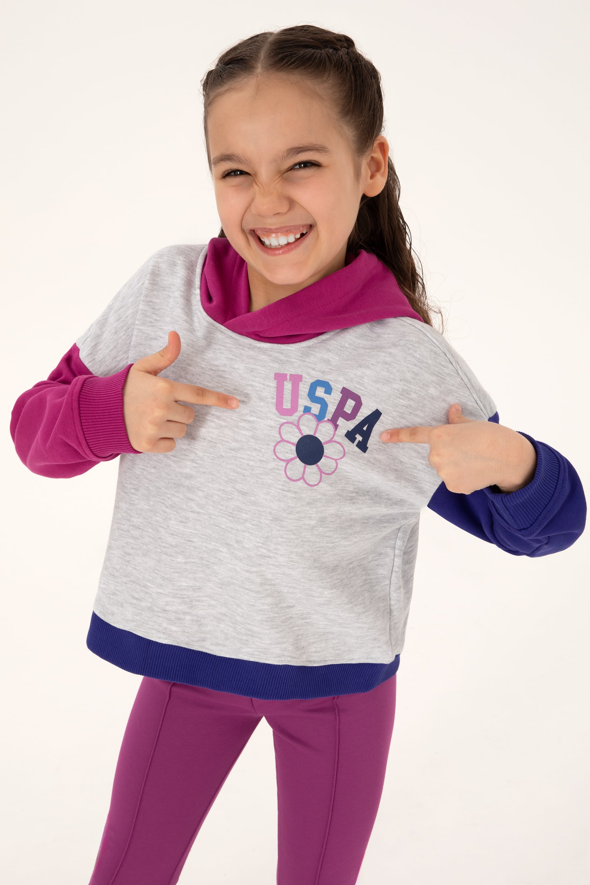 سویشرت کلاهدار فوشیا ارغوانی ریلکس دخترانه یو اس پولو | US POLO ASSN