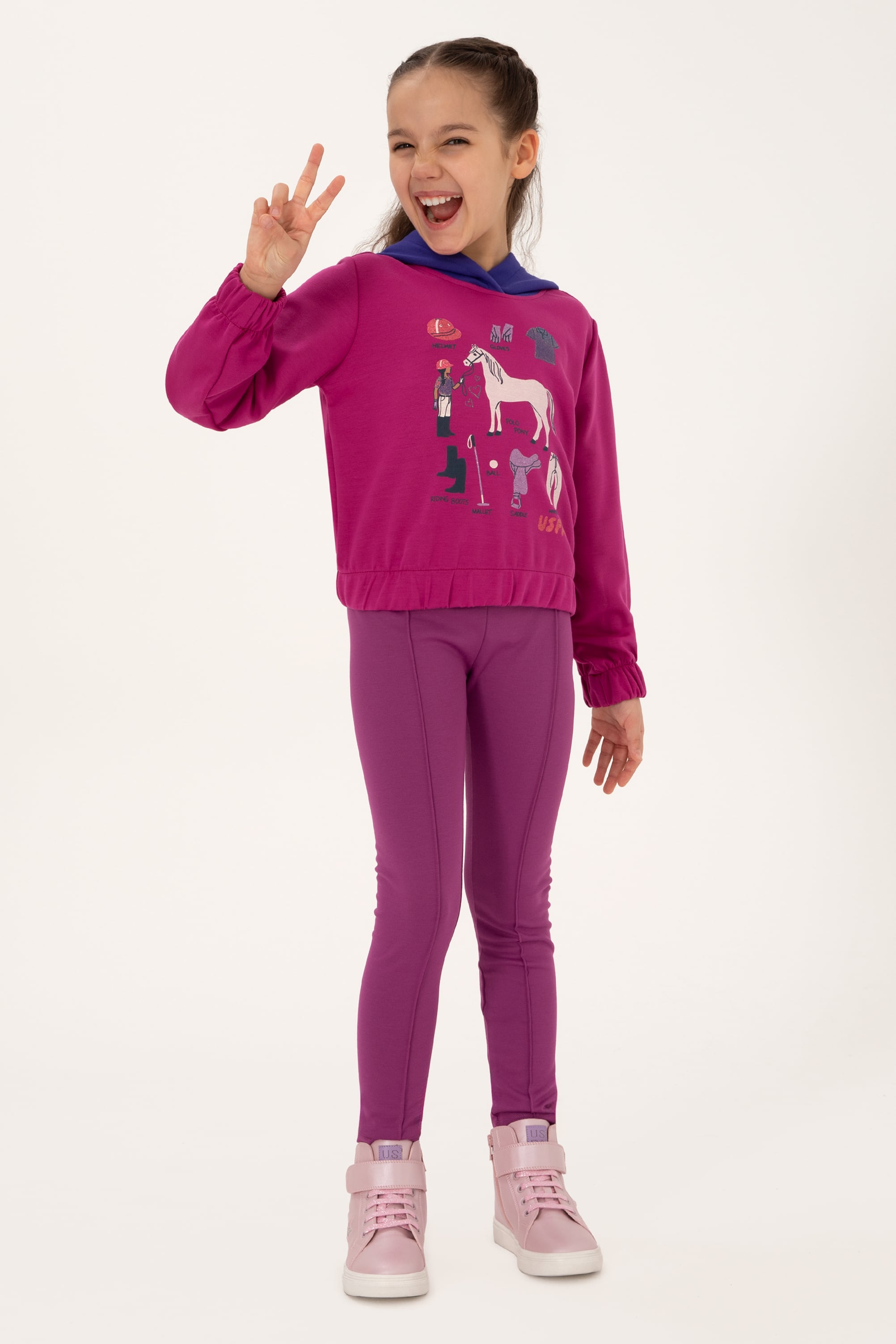 سویشرت کلاهدار فوشیا ارغوانی ریلکس دخترانه یو اس پولو | US POLO ASSN