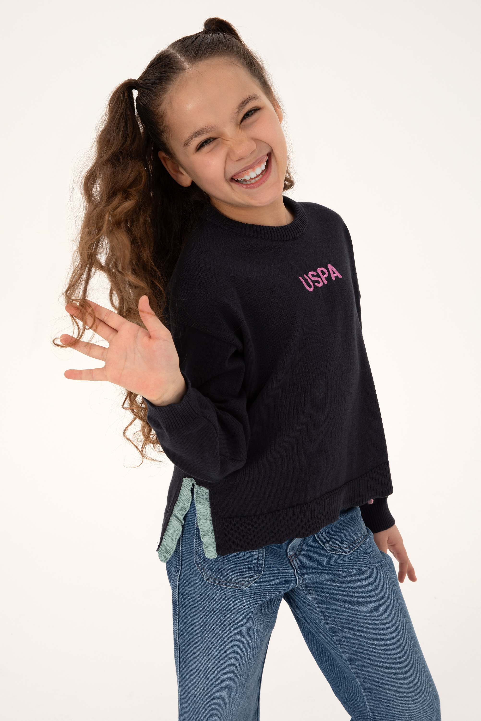 ژاکت بافتنی یقه گرد لاجورد Oversize دخترانه یو اس پولو | US POLO ASSN