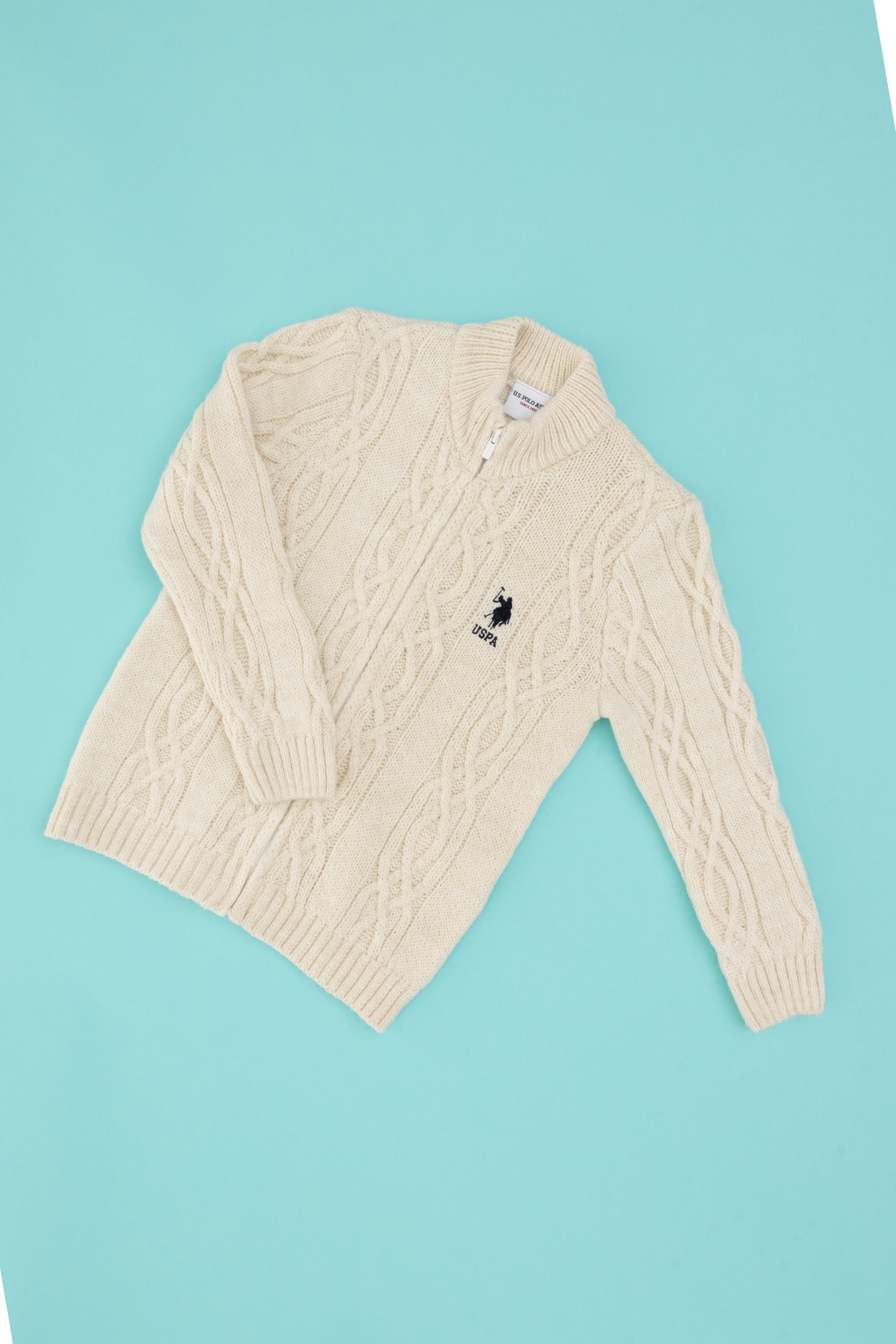 ژاکت بافتنی کرم رنگ کرمی اندامی پسرانه یو اس پولو | US POLO ASSN