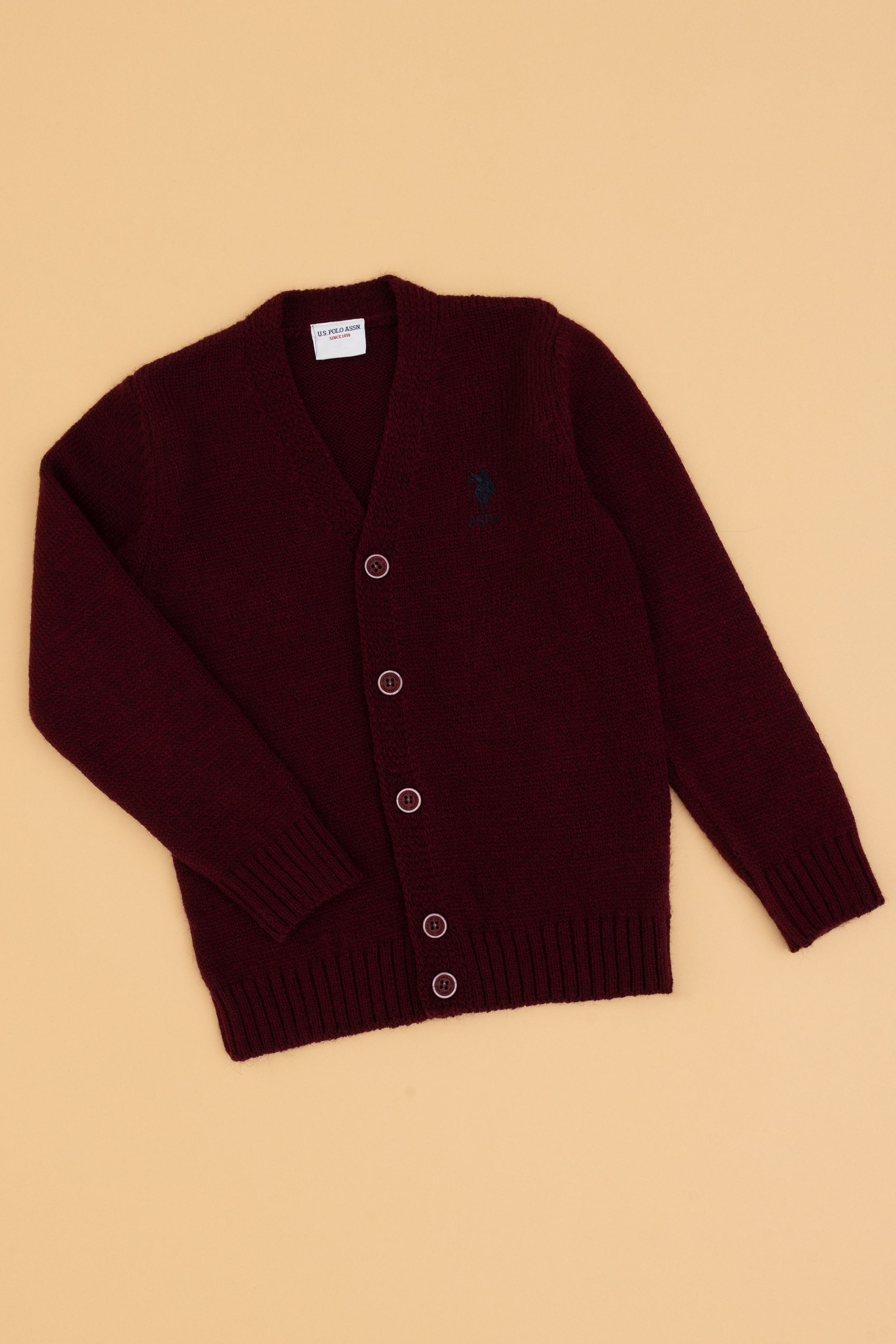 ژاکت بافتنی زرشکی بورگاندی رگولار پسرانه یو اس پولو | US POLO ASSN