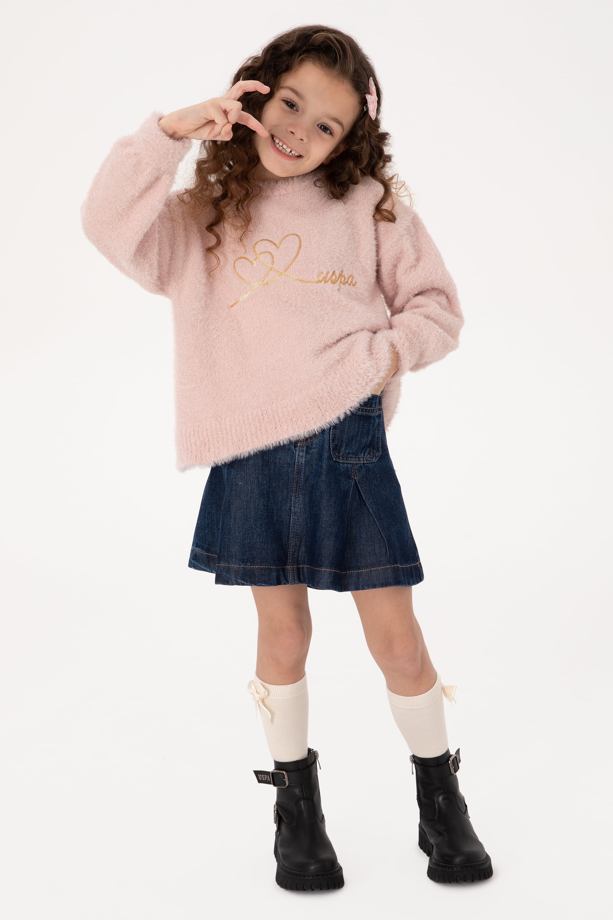ژاکت بافتنی یقه گرد پودری صورتی Oversize دخترانه یو اس پولو | US POLO ASSN