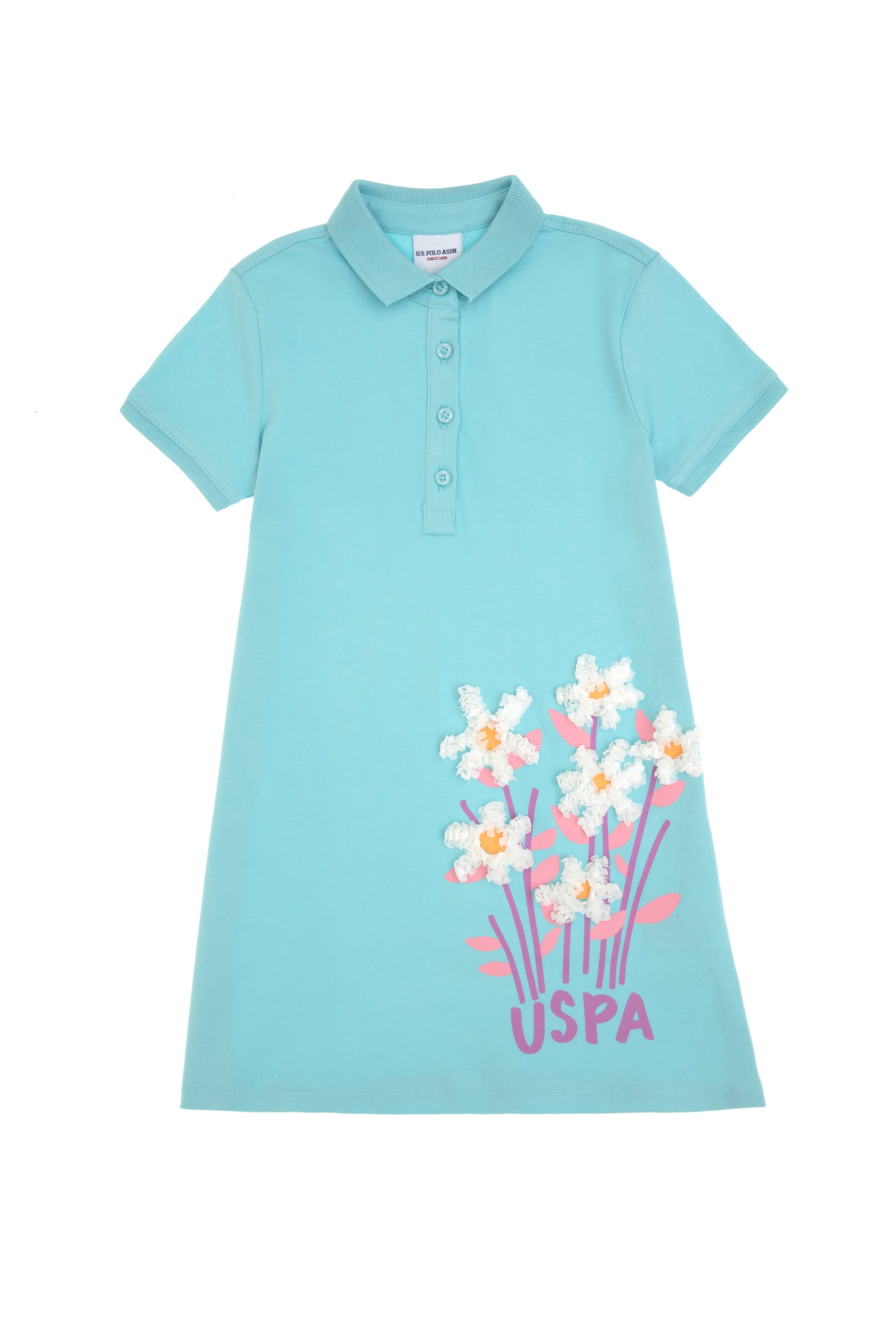 لباس بافتنی یقه پولو گلدار نیلی رگولار دخترانه یو اس پولو | US POLO ASSN
