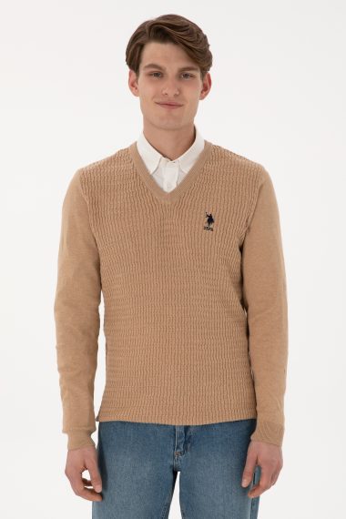 بافت بیسیک یقه هفت شتری ملانژ  اندامی آستین بلند مردانه یو اس پولو | US POLO ASSN