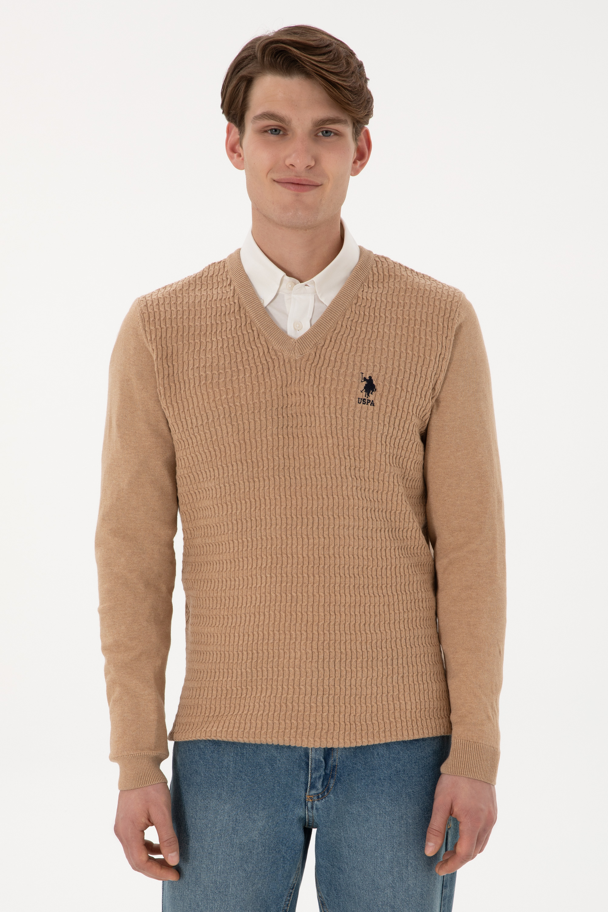 بافت بیسیک یقه هفت شتری ملانژ اندامی آستین بلند مردانه یو اس پولو | US POLO ASSN