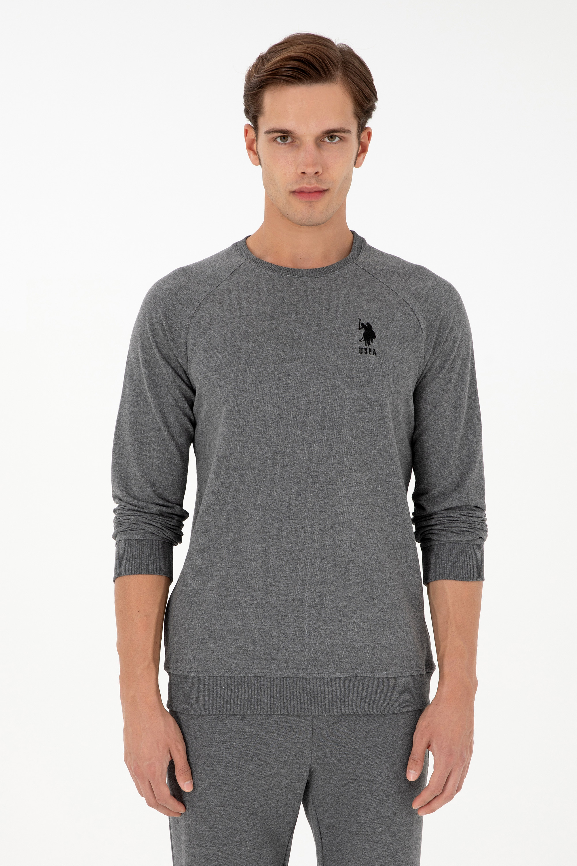 سویشرت بیسیک یقه گرد زغالی ملانژ رگولار مردانه یو اس پولو | US POLO ASSN