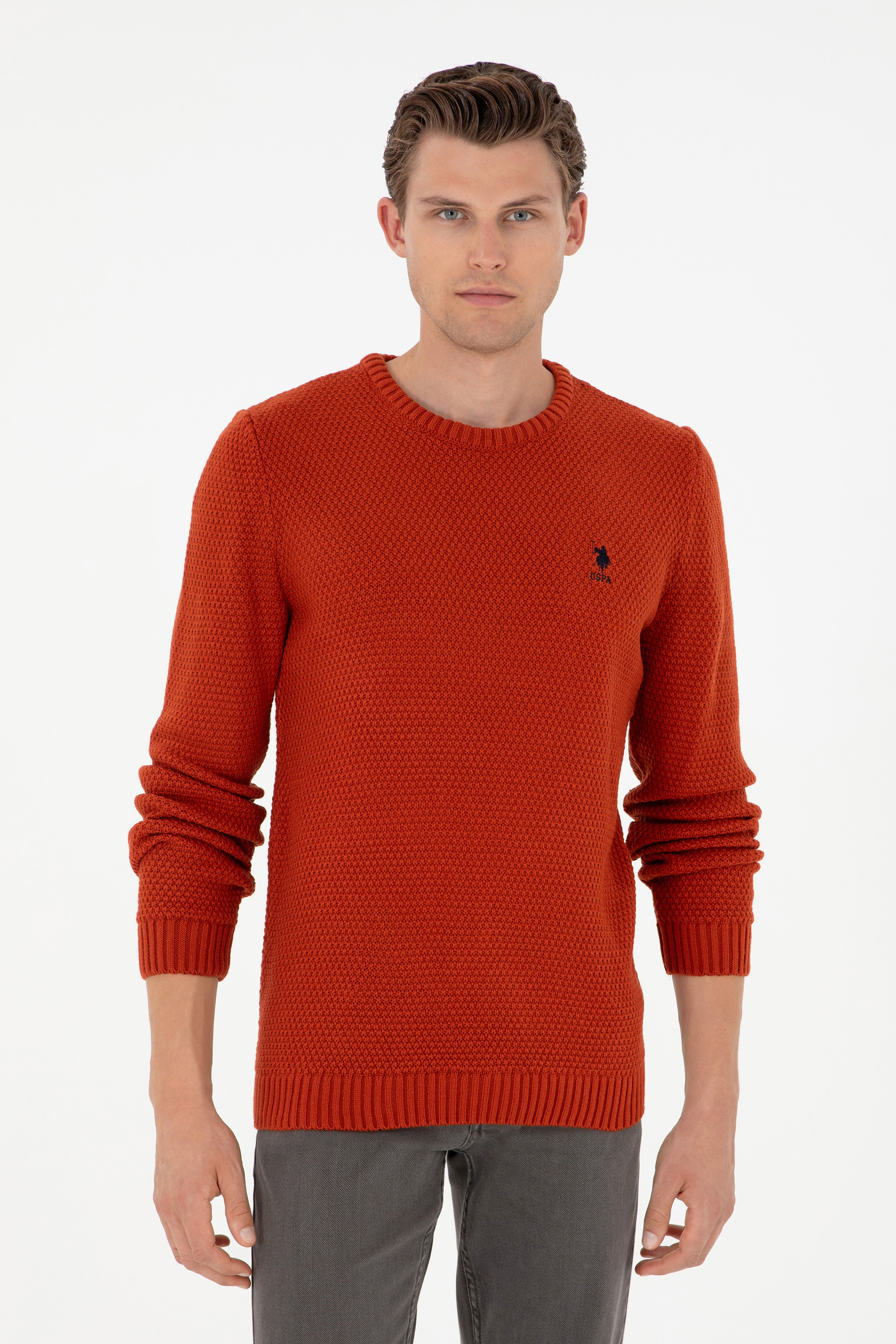 بافت یقه گرد قهوه ای اندامی آستین بلند مردانه یو اس پولو | US POLO ASSN