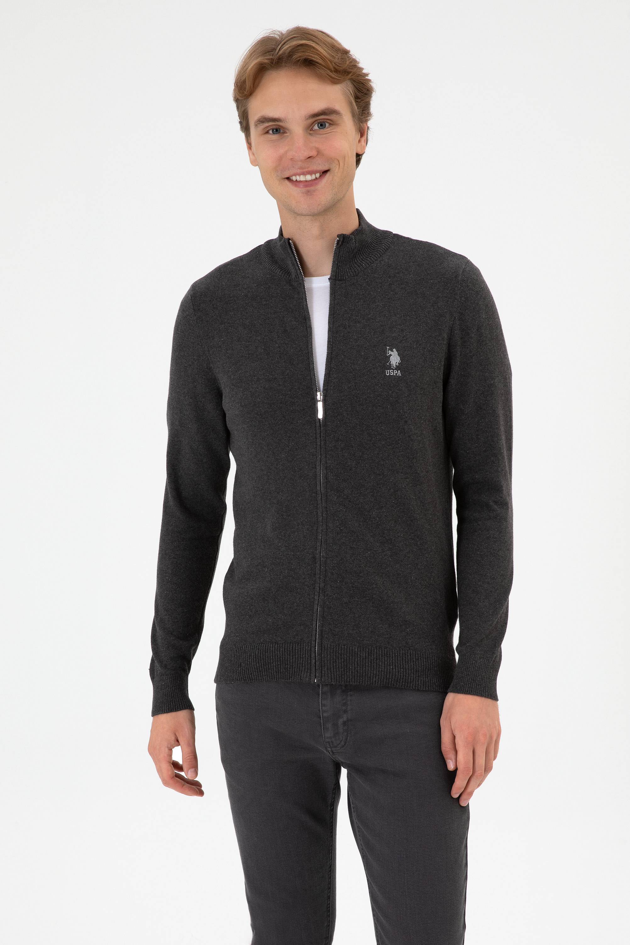 ژاکت اسلیم فیت زغالی ملانژ اندامی مردانه یو اس پولو | US POLO ASSN