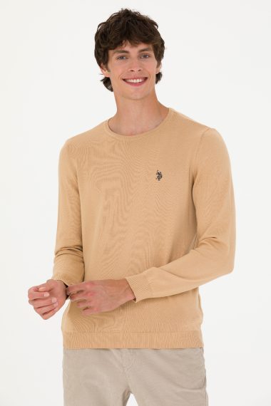 بافت بیسیک یقه گرد کرمی ملانژ  اندامی  مردانه یو اس پولو | US POLO ASSN