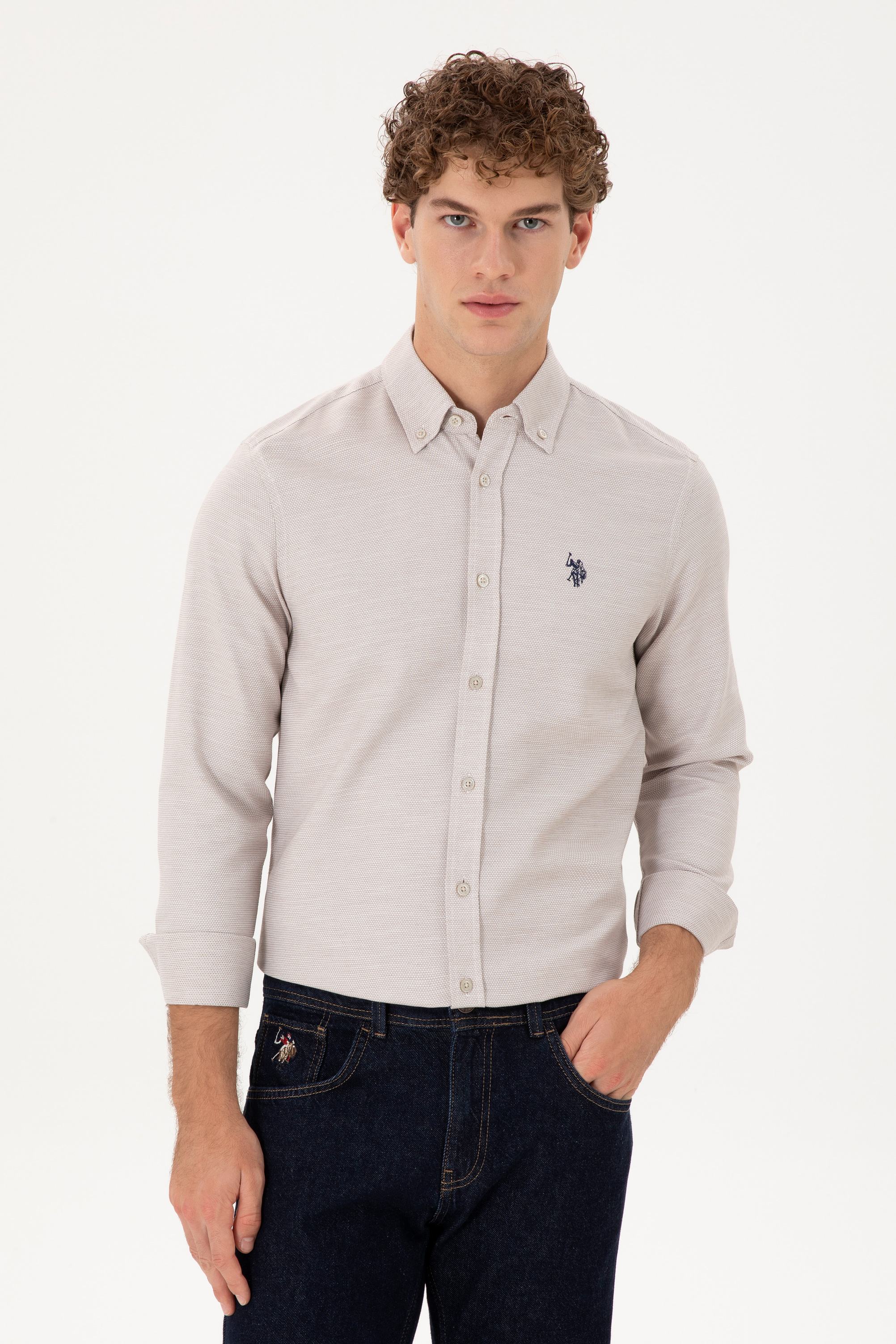 پیراهن کرمی اندامی مردانه یو اس پولو | US POLO ASSN