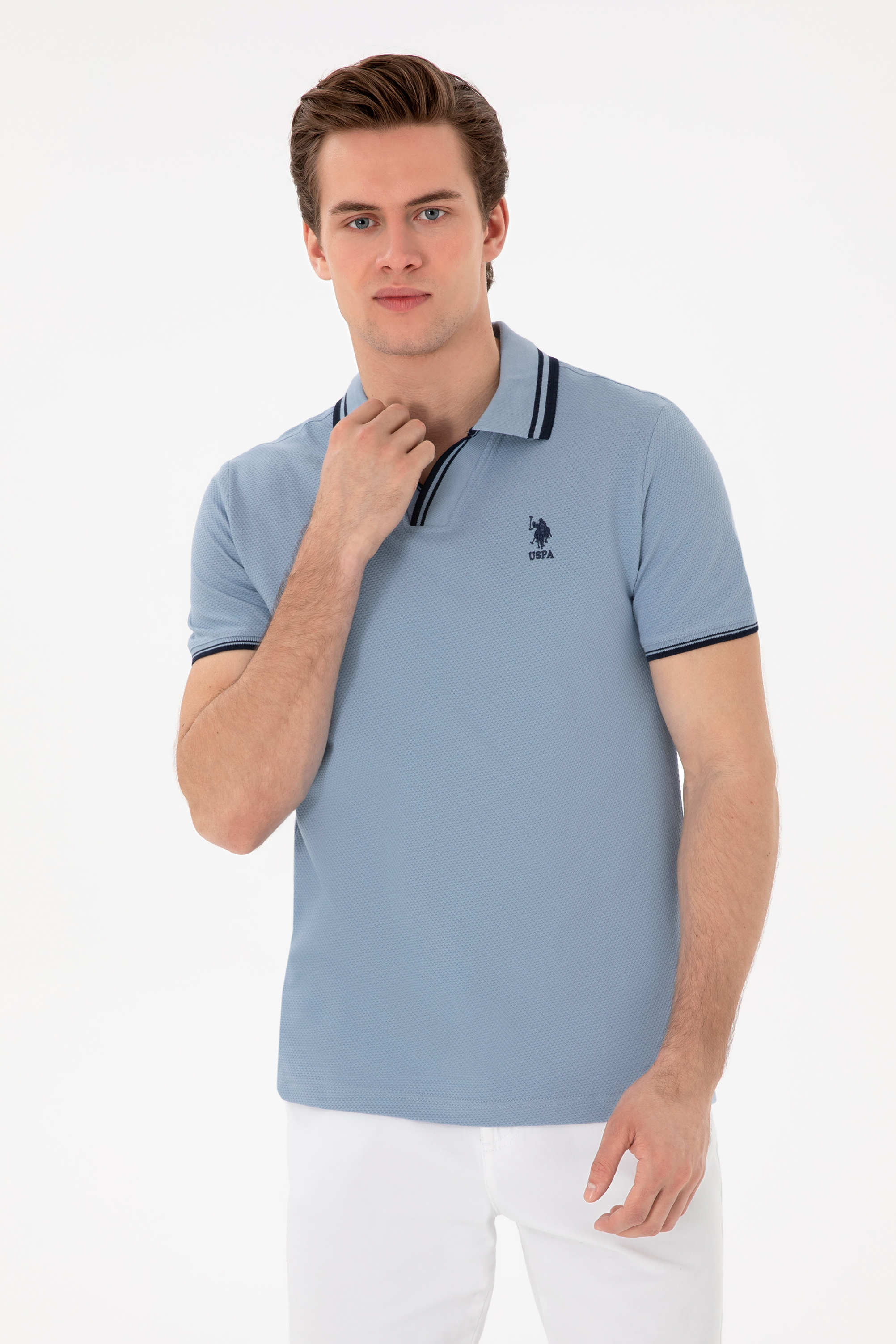 پولوشرت اسلیم فیت یقه پیراهنی آبی اندامی آستین کوتاه مردانه یو اس پولو | US POLO ASSN