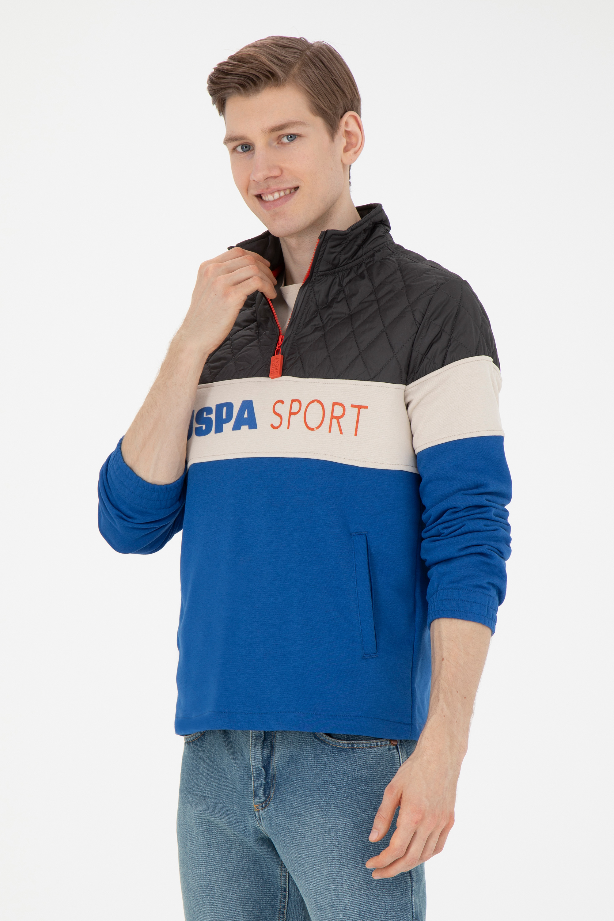 سویشرت یقه ایستاده آبی رگولار آستین بلند مردانه یو اس پولو | US POLO ASSN