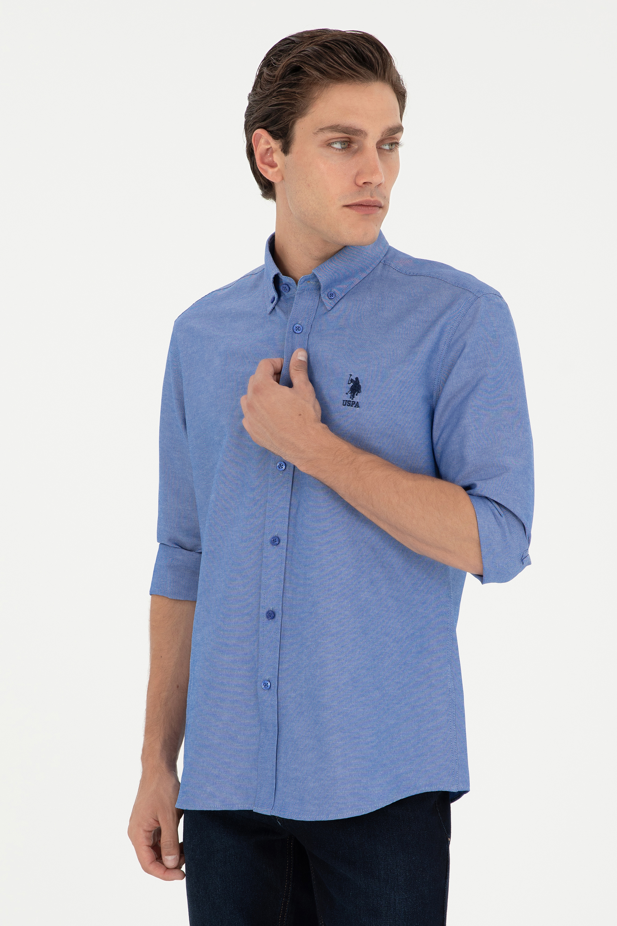 پیراهن بیسیک آبی اندامی مردانه یو اس پولو | US POLO ASSN