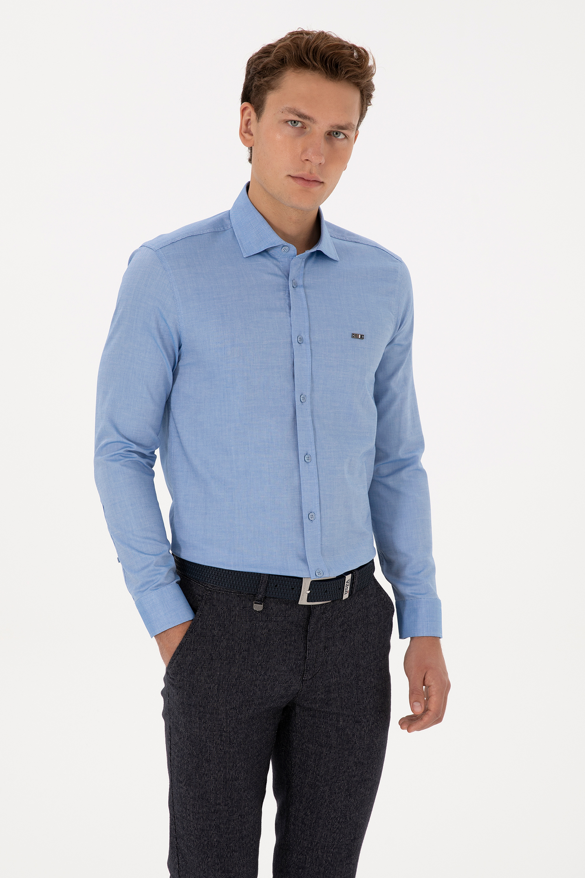 پیراهن بیسیک آبی تیره اندامی مردانه یو اس پولو | US POLO ASSN