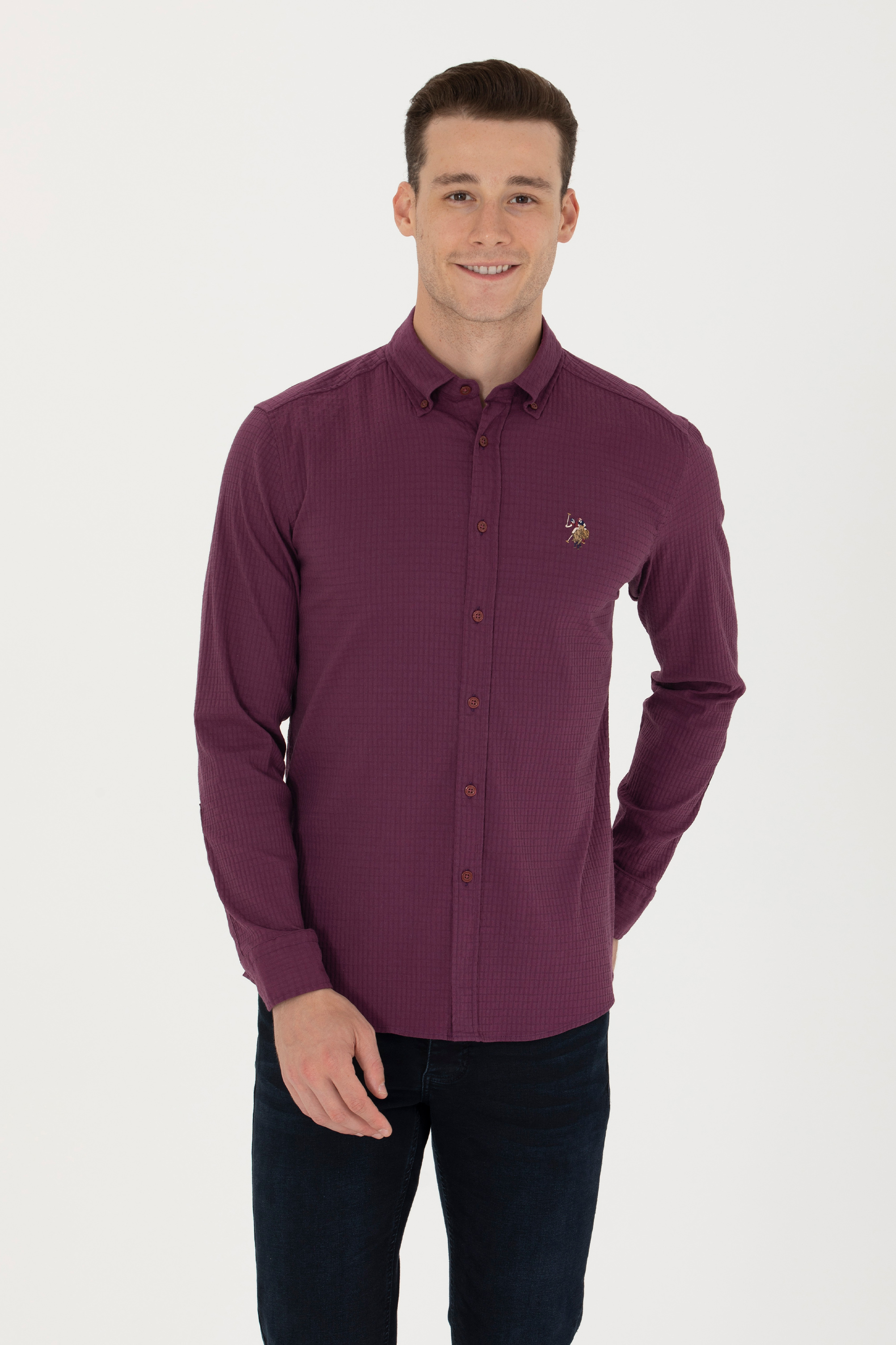 پیراهن بورگاندی اندامی مردانه یو اس پولو | US POLO ASSN