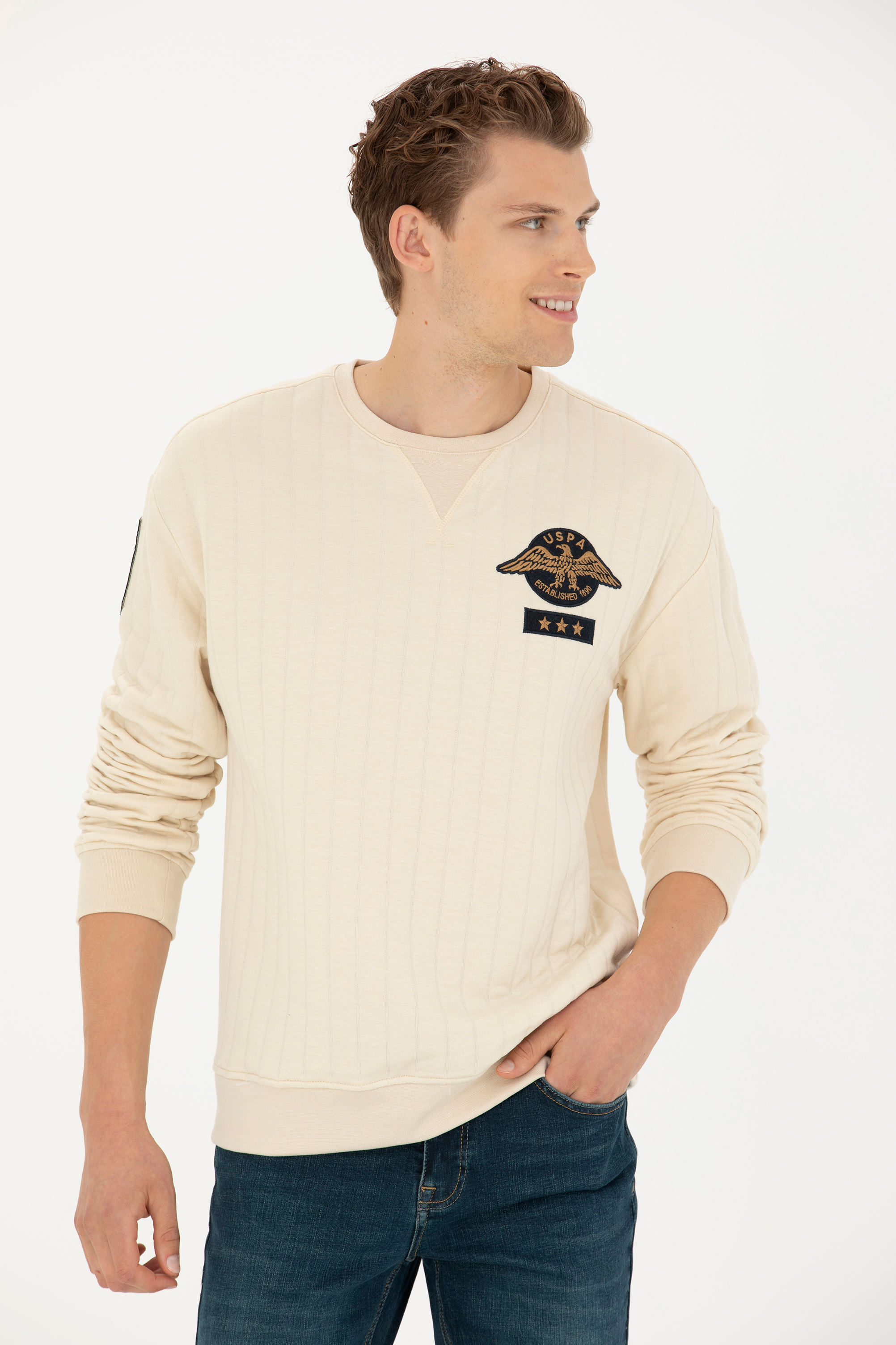 سویشرت یقه گرد خاکستری ریلکس آستین بلند مردانه یو اس پولو | US POLO ASSN