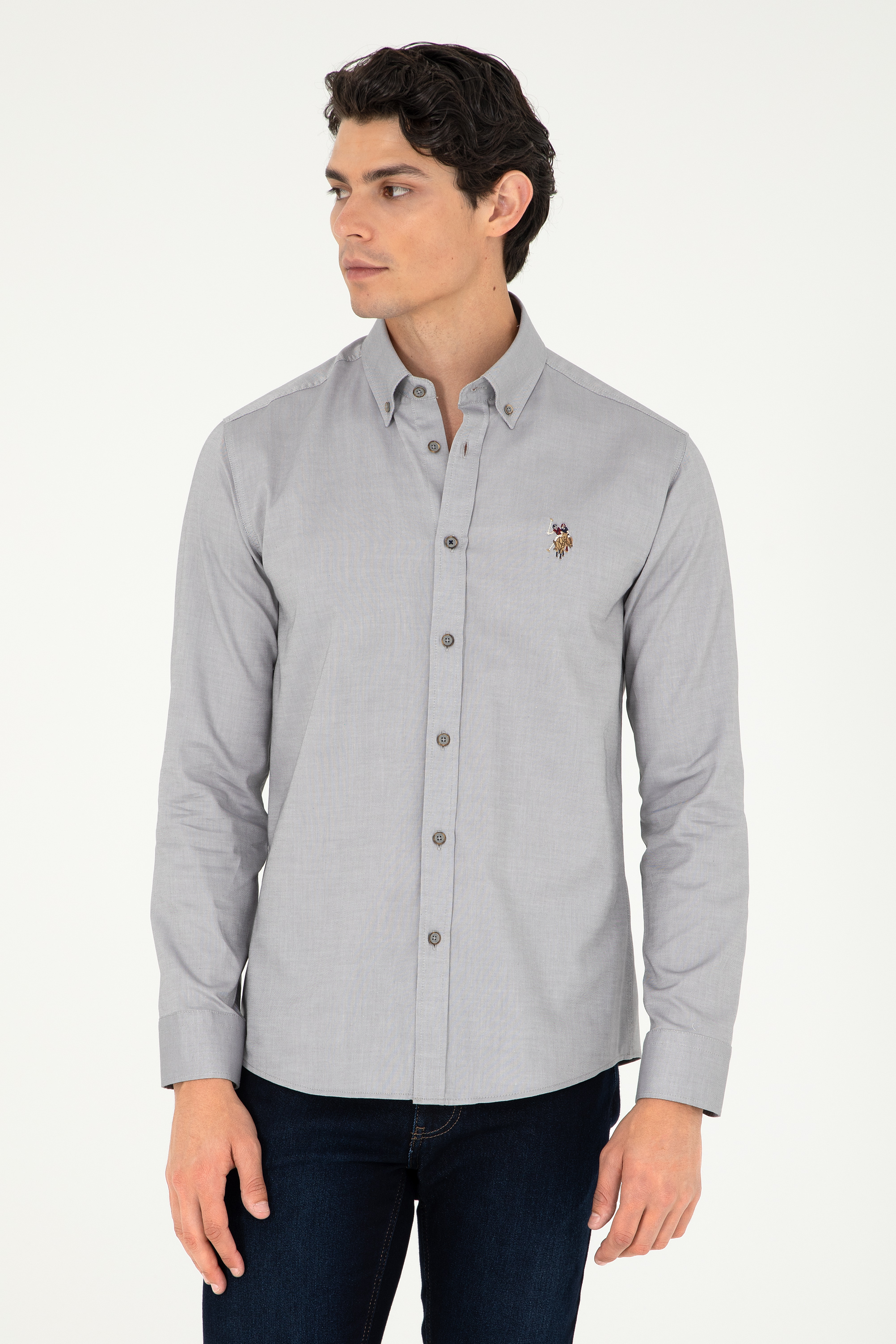 پیراهن بیسیک خاکستری اندامی مردانه یو اس پولو | US POLO ASSN