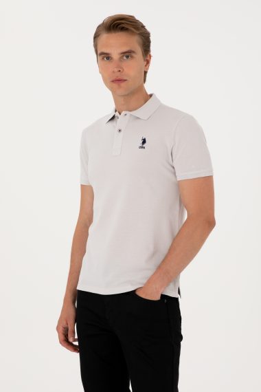 تی شرت بیسیک یقه پیراهنی خاکستری روشن  اندامی آستین کوتاه مردانه یو اس پولو | US POLO ASSN
