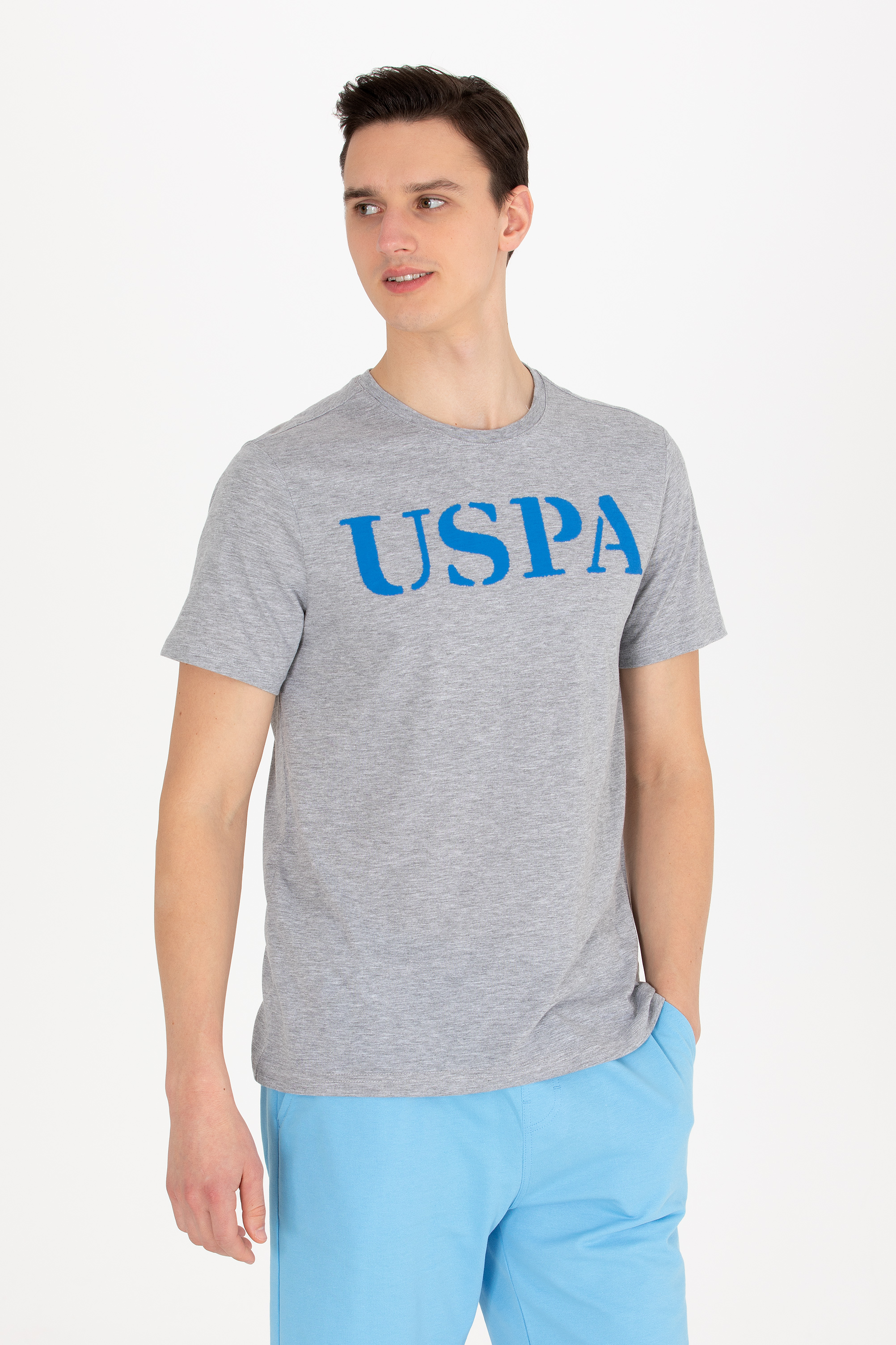 تی شرت یقه گرد بیسیک یقه گرد خاکستری ملانژ رگولار آستین کوتاه مردانه یو اس پولو | US POLO ASSN