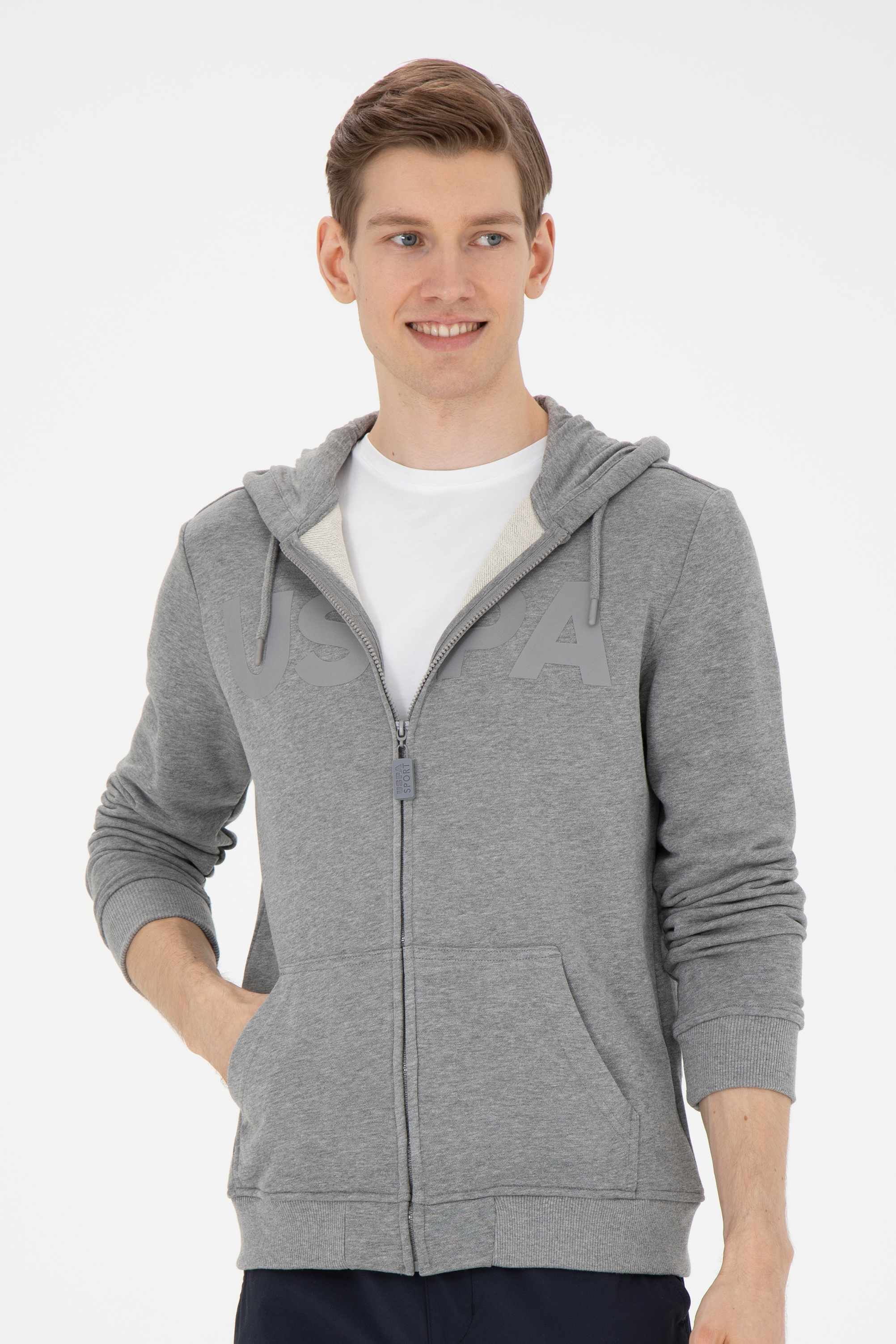 ژاکت هودی خاکستری ملانژ رگولار آستین بلند مردانه یو اس پولو | US POLO ASSN