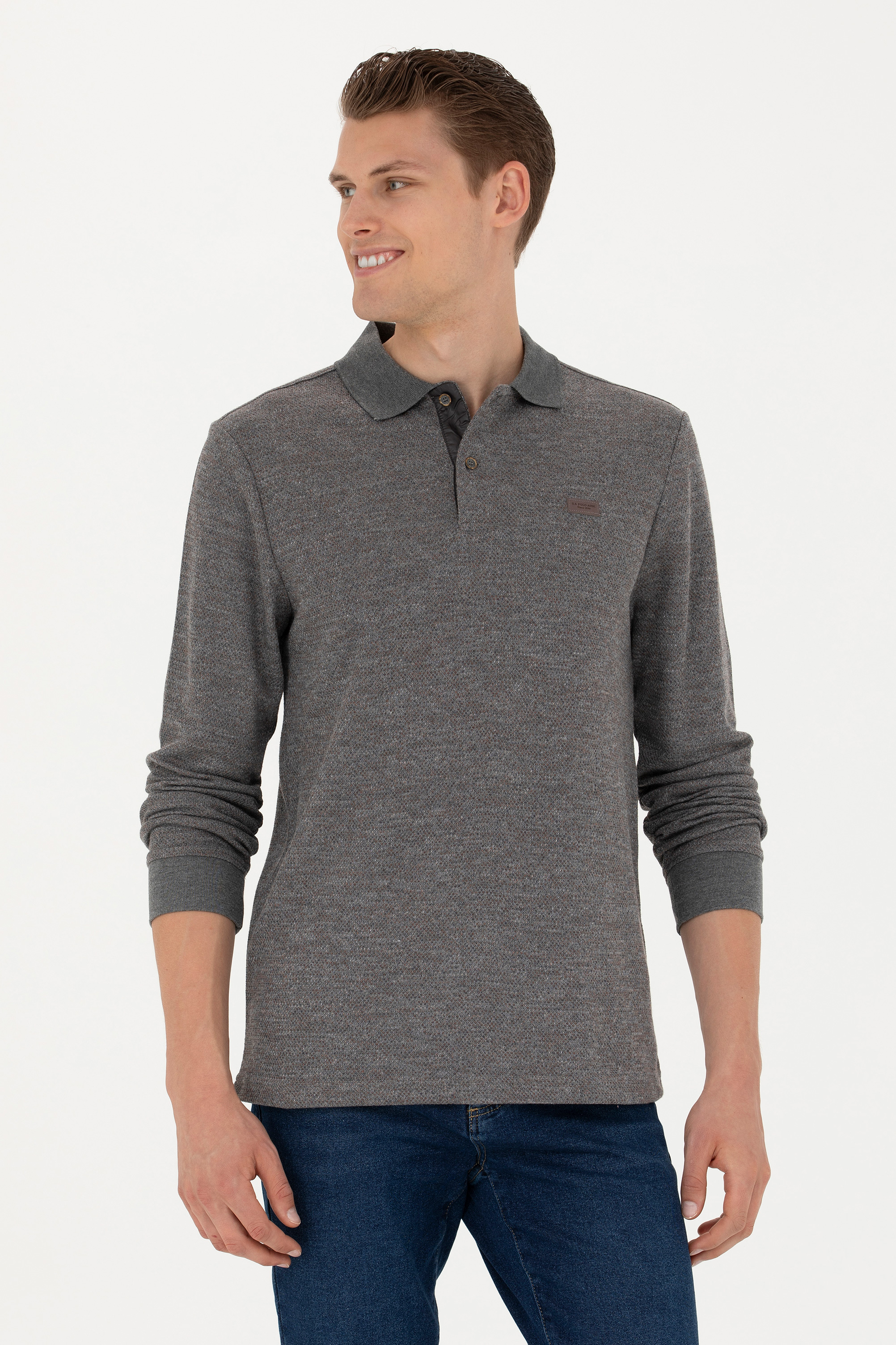 سویشرت یقه پولو خاکستری ملانژ رگولار مردانه یو اس پولو | US POLO ASSN