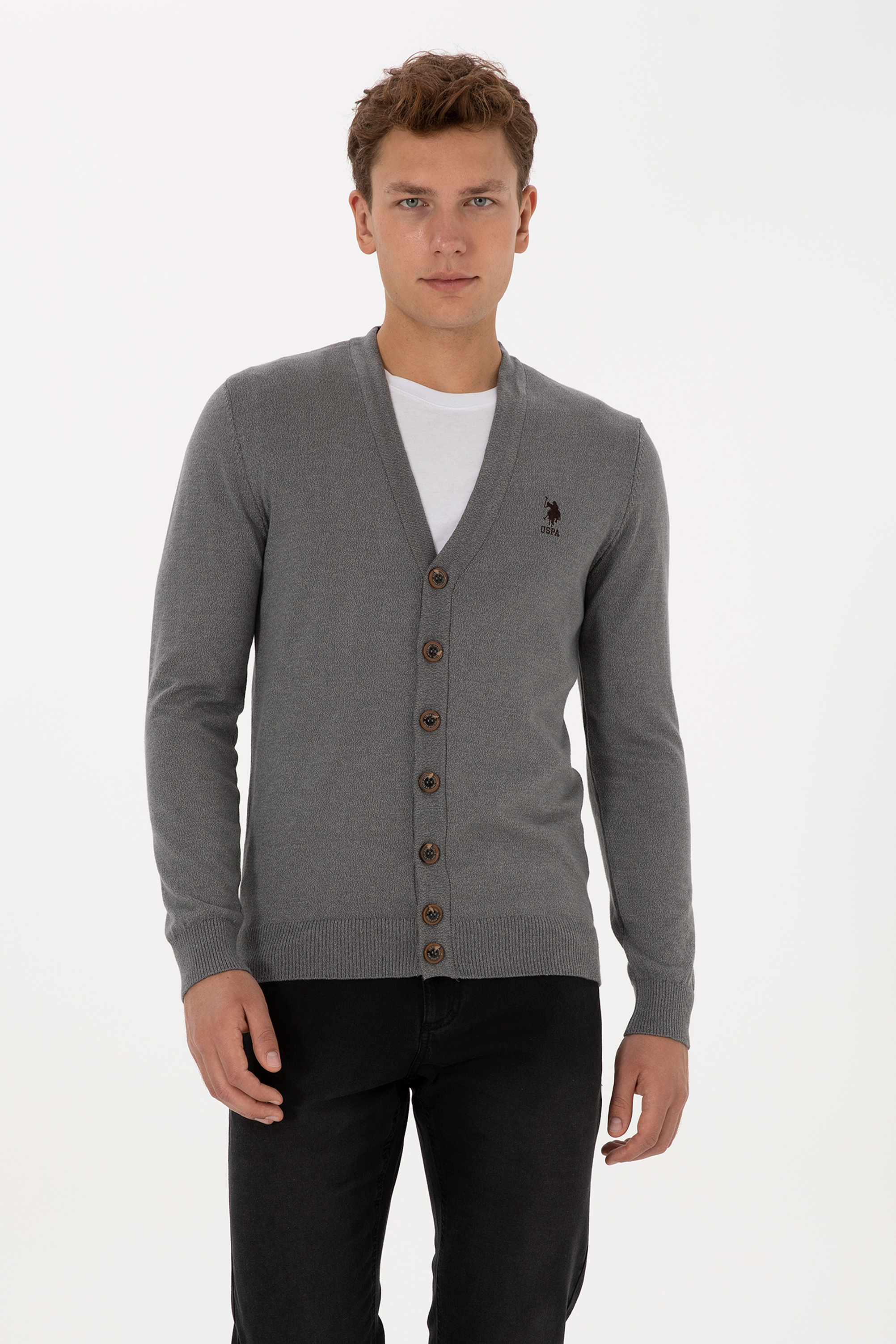 ژاکت بیسیک خاکستری ملانژ رگولار مردانه یو اس پولو | US POLO ASSN