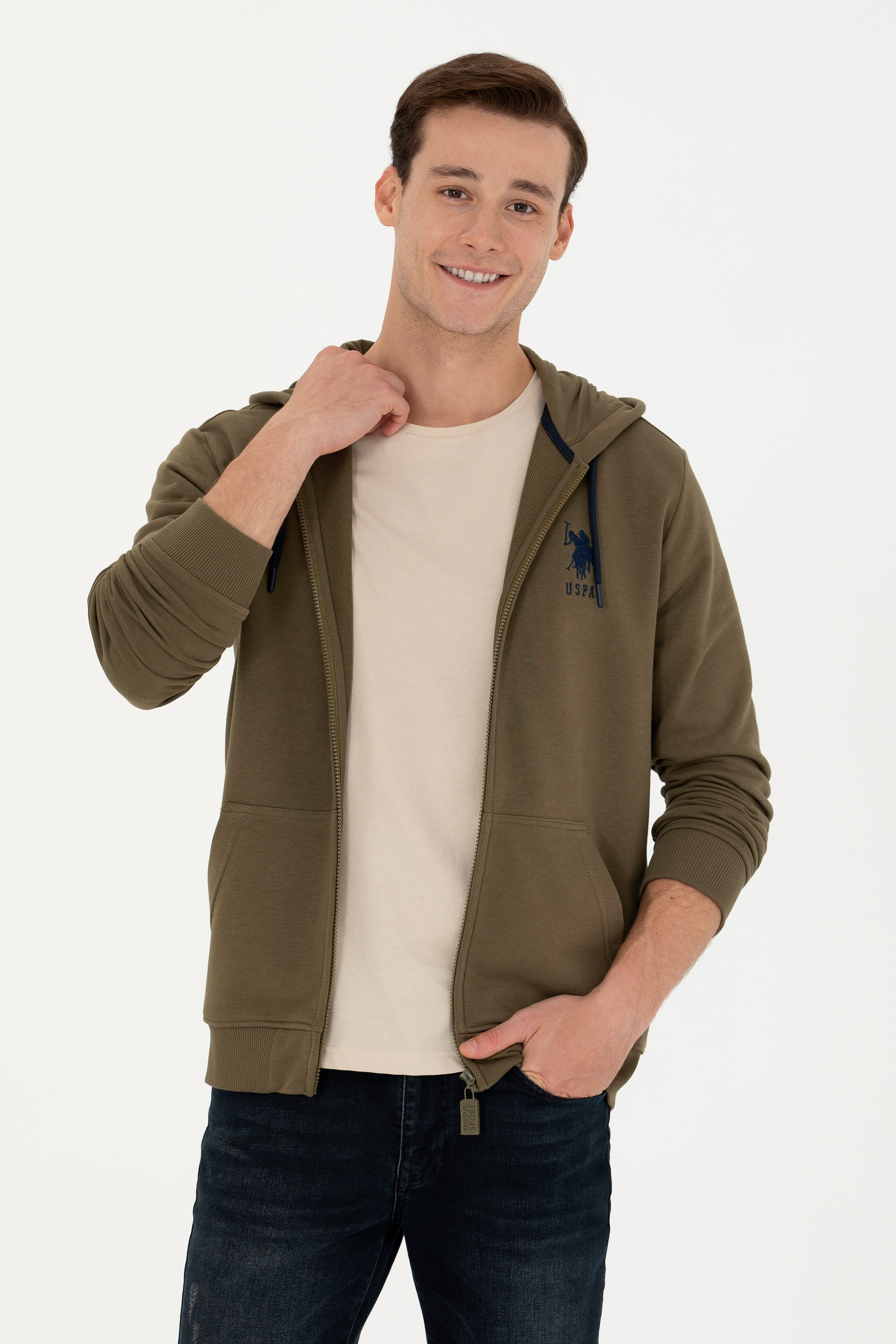ژاکت هودی خاکی رگولار آستین بلند مردانه یو اس پولو | US POLO ASSN