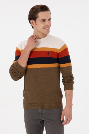 بافت یقه گرد خاکی  اندامی آستین بلند مردانه یو اس پولو | US POLO ASSN