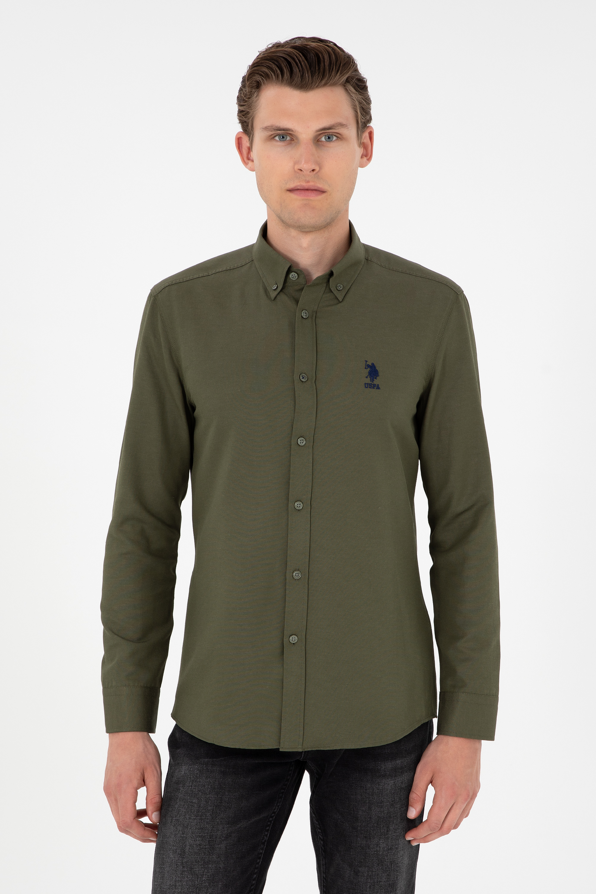 پیراهن بیسیک خاکی اندامی مردانه یو اس پولو | US POLO ASSN