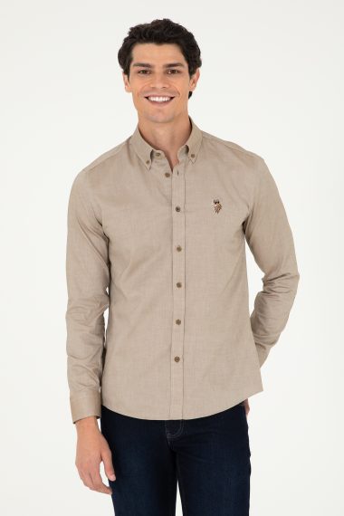 پیراهن بیسیک  خاکی  اندامی  مردانه یو اس پولو | US POLO ASSN