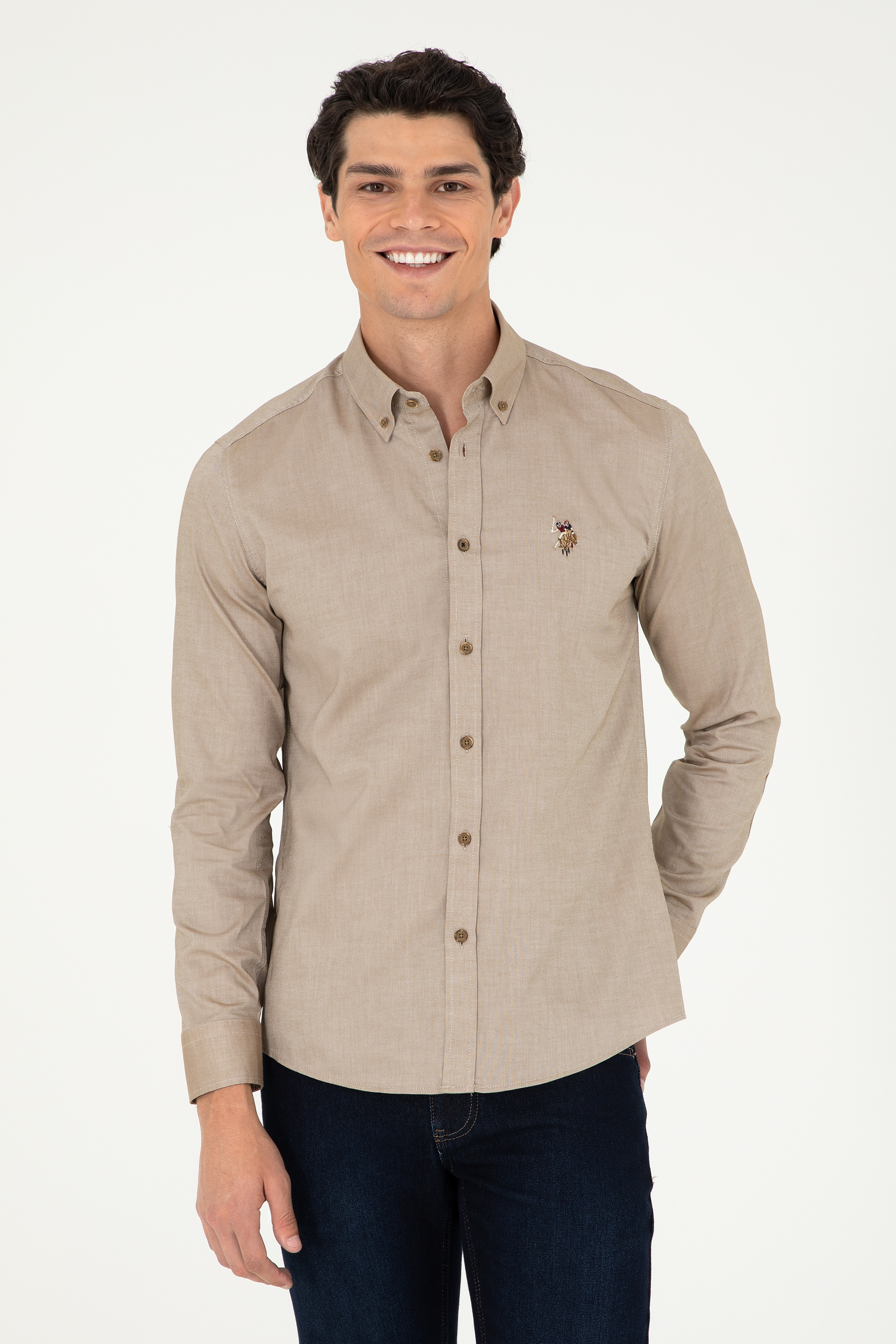 پیراهن بیسیک خاکی اندامی مردانه یو اس پولو | US POLO ASSN