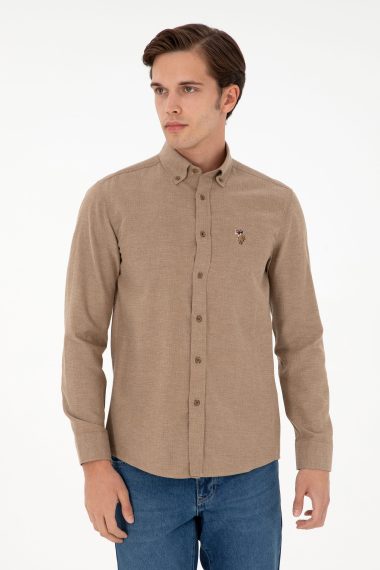 پیراهن بیسیک  خاکی  اندامی  مردانه یو اس پولو | US POLO ASSN