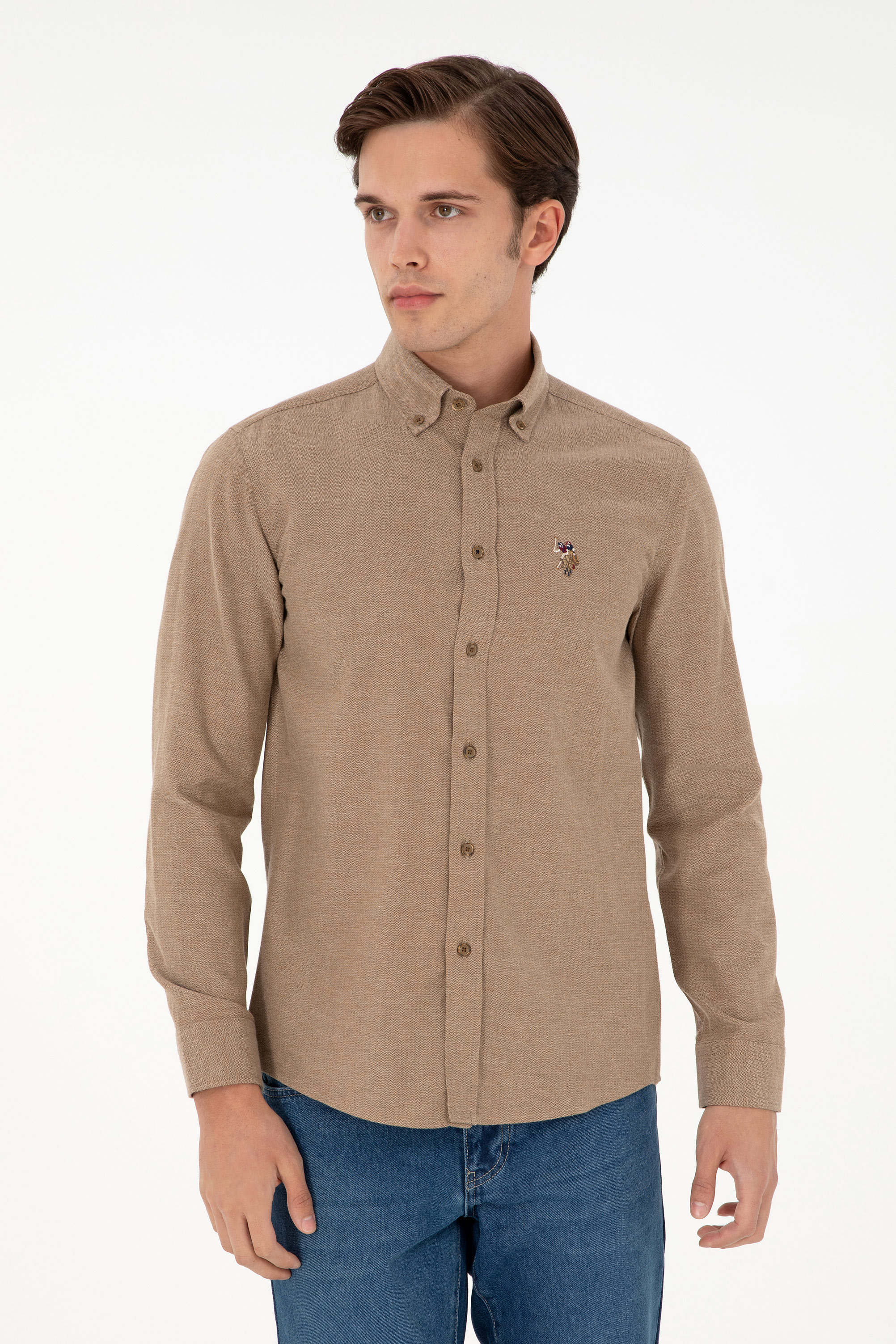 پیراهن بیسیک خاکی اندامی مردانه یو اس پولو | US POLO ASSN