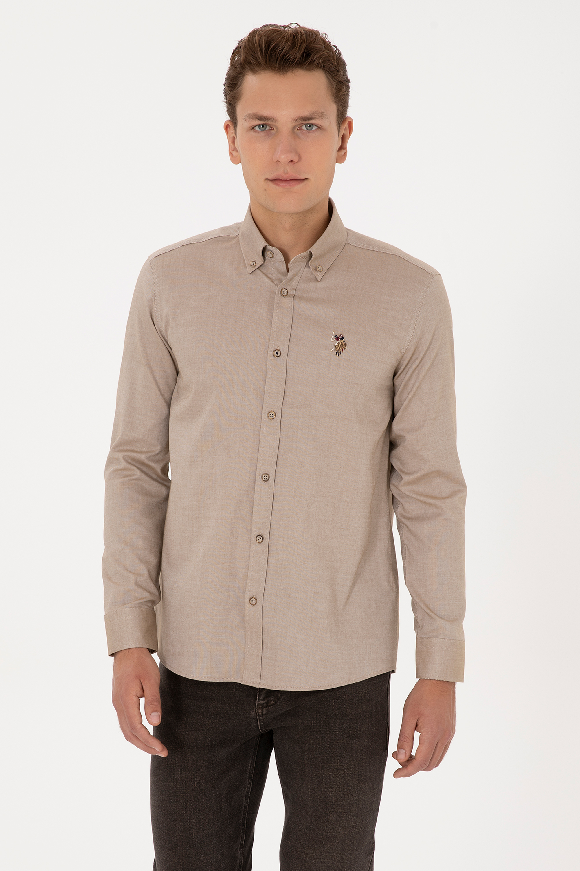 پیراهن بیسیک خاکی رگولار مردانه یو اس پولو | US POLO ASSN